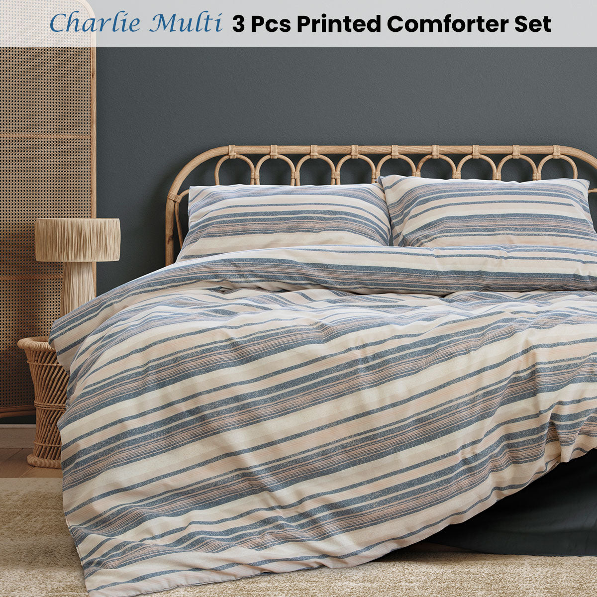 Ardor Charlie Multi 3 Pcs Printed Comforter Set, Queen/King, Striped Design - SuperSaverAU - view 1