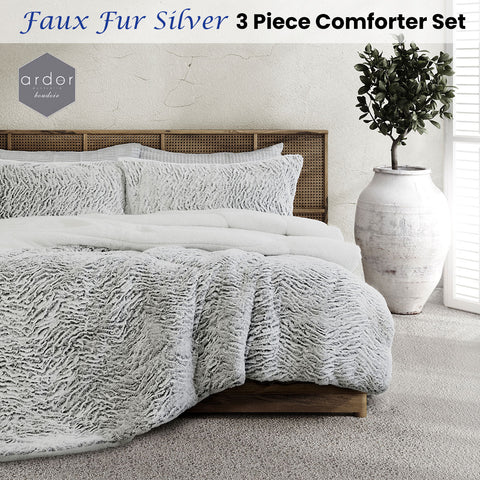 Ardor Faux Fur Silver 3 Piece Comforter Set Single/Double - Soft Sherpa Reverse - SuperSaverAU - view 1
