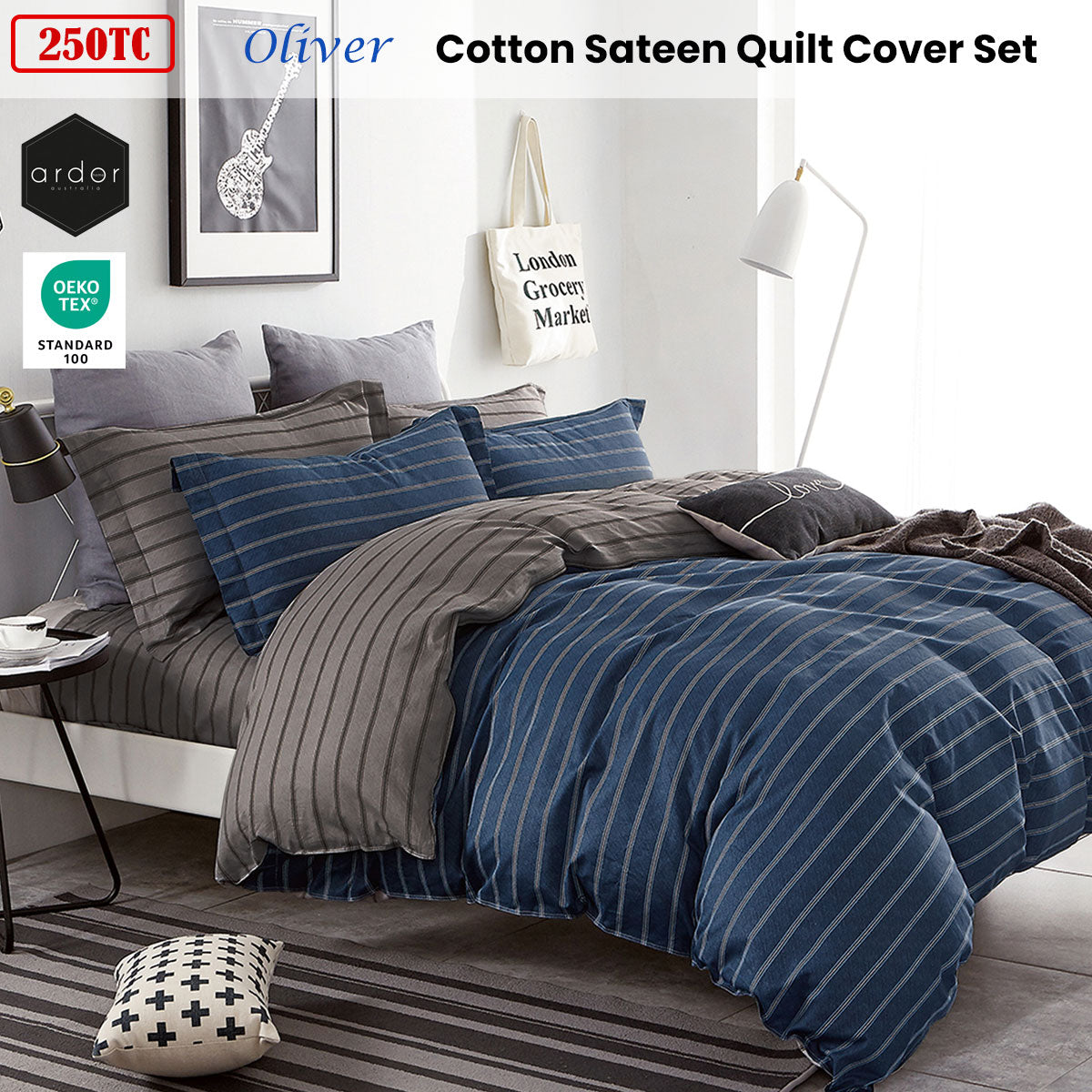 Ardor Cotton Sateen Quilt Cover Set 250TC Oliver Stripes King - Navy, Grey - SuperSaverAU - view 2