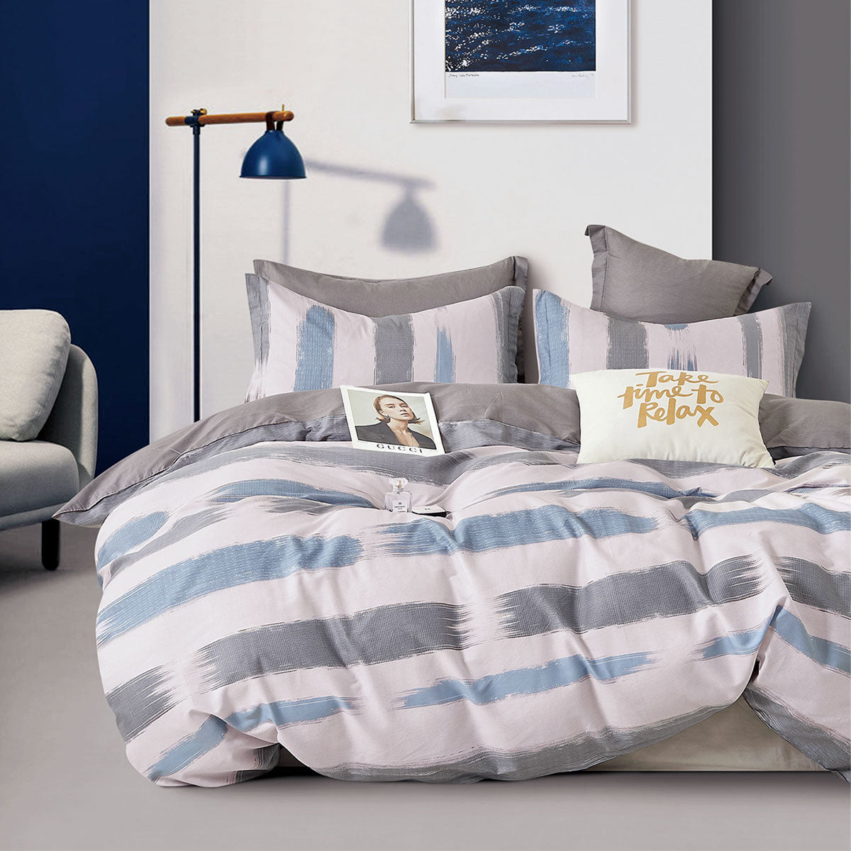 Ardor Cotton Sateen Quilt Cover Set 250TC Sea Breeze Stripes Queen - SuperSaverAU - view 1