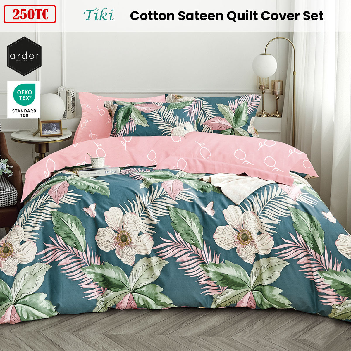 Ardor Tropical Cotton Sateen Quilt Cover Set 250TC Queen - Floral Design - SuperSaverAU - view 1