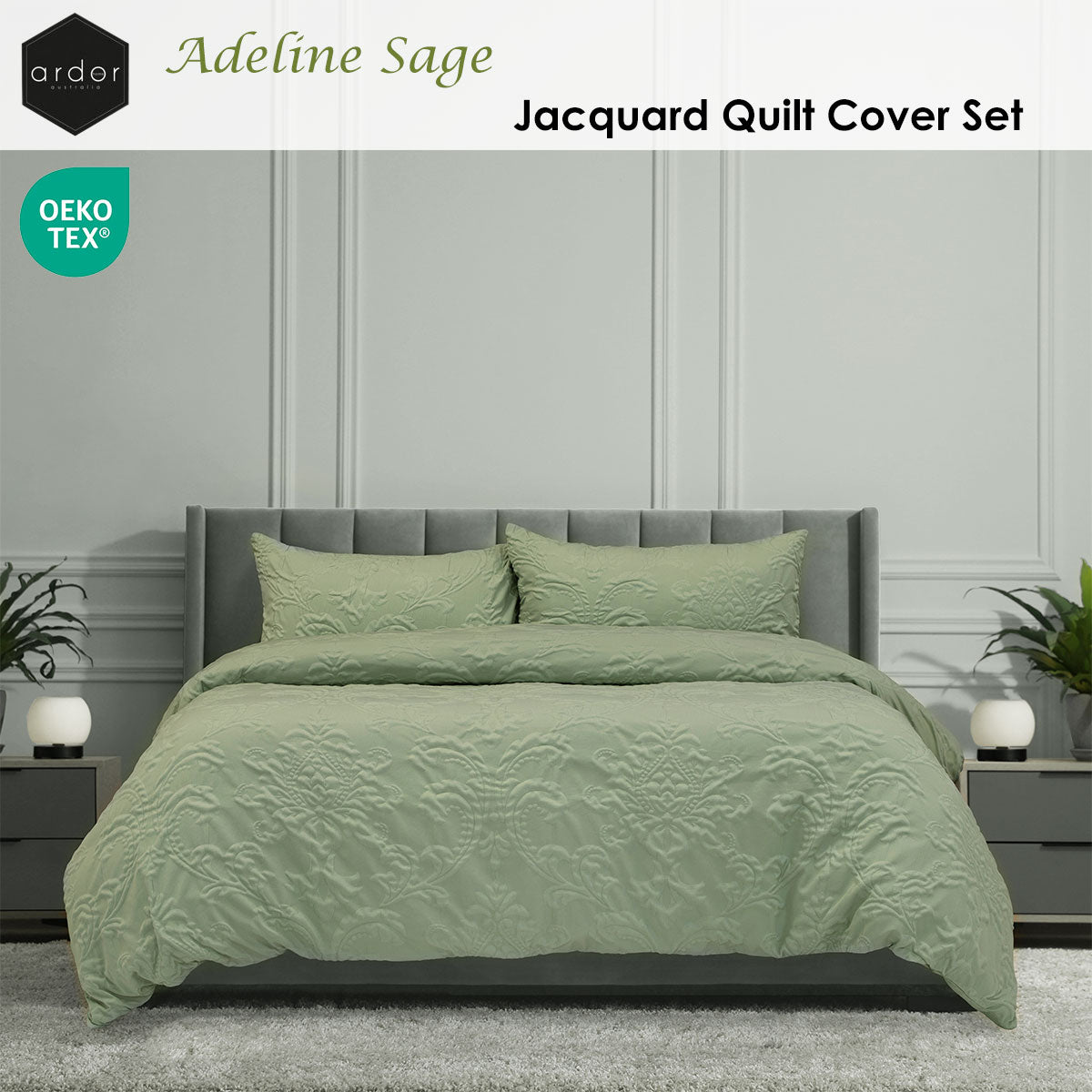 Ardor Adeline Sage Jacquard Damask Quilt Cover Set – Queen