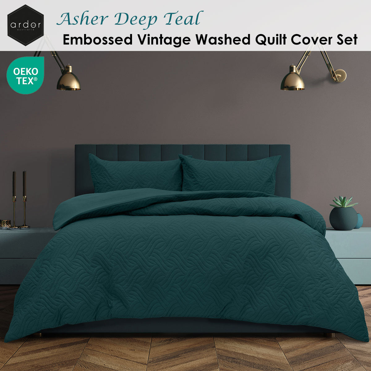 Ardor Asher Deep Teal Embossed Quilt Cover Set – Queen