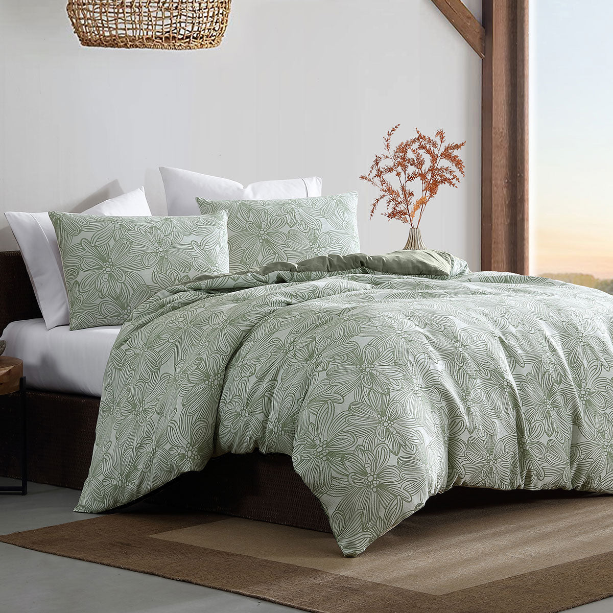 Ardor Avena Green Floral Jacquard Quilt Cover Set – King