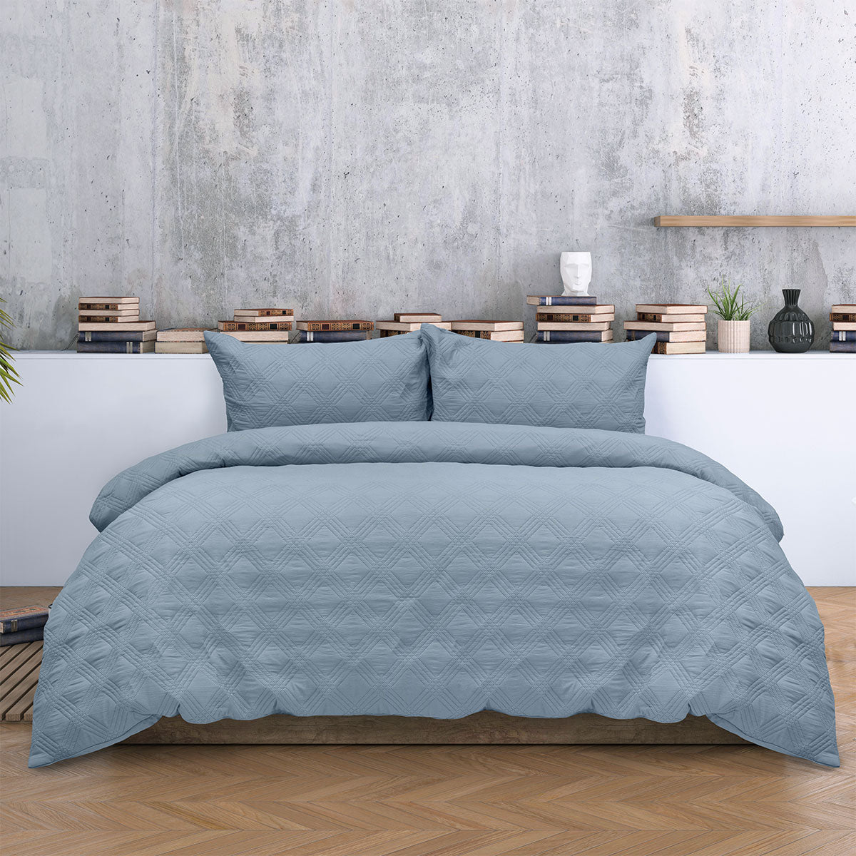 Ardor Carter Mineral Blue Embossed Geometric Quilt Cover Set – King