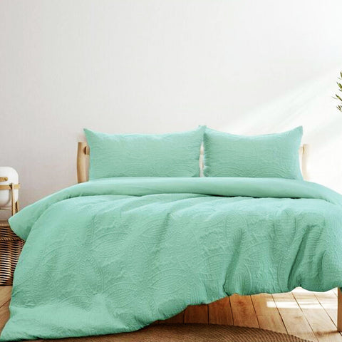 Ardor Aqua Green Embossed Quilt Cover Set Queen - Quilted, Petal Pattern - SuperSaverAU - view 1