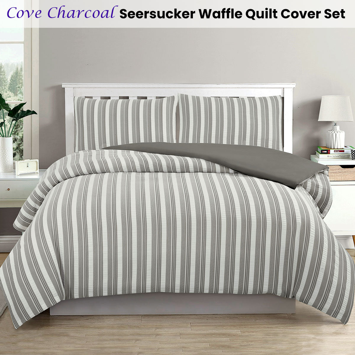 Ardor Cove Charcoal Seersucker Waffle Quilt Cover Set King - Vertical Stripes - SuperSaverAU - view 2