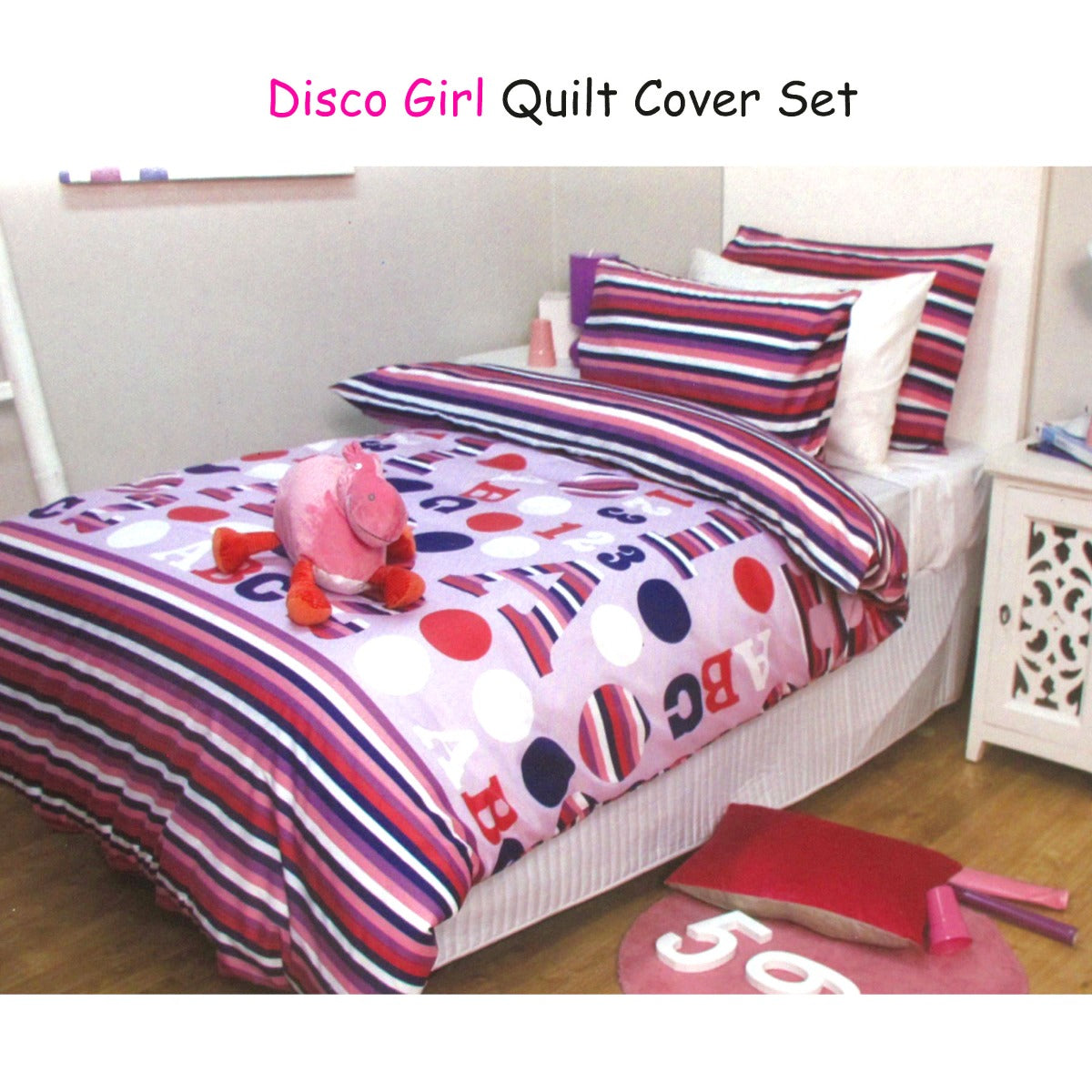Jelly Bean Kids Disco Girl Quilt Cover Set Single, Letters/Numbers Print, 140 x 210 cm - SuperSaverAU - view 1