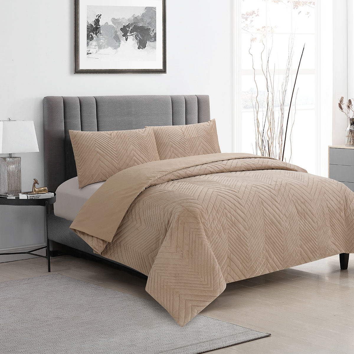 Ardor Quilt Cover Set King - Chevron Embossed Velvet, Champagne Color - SuperSaverAU - view 1