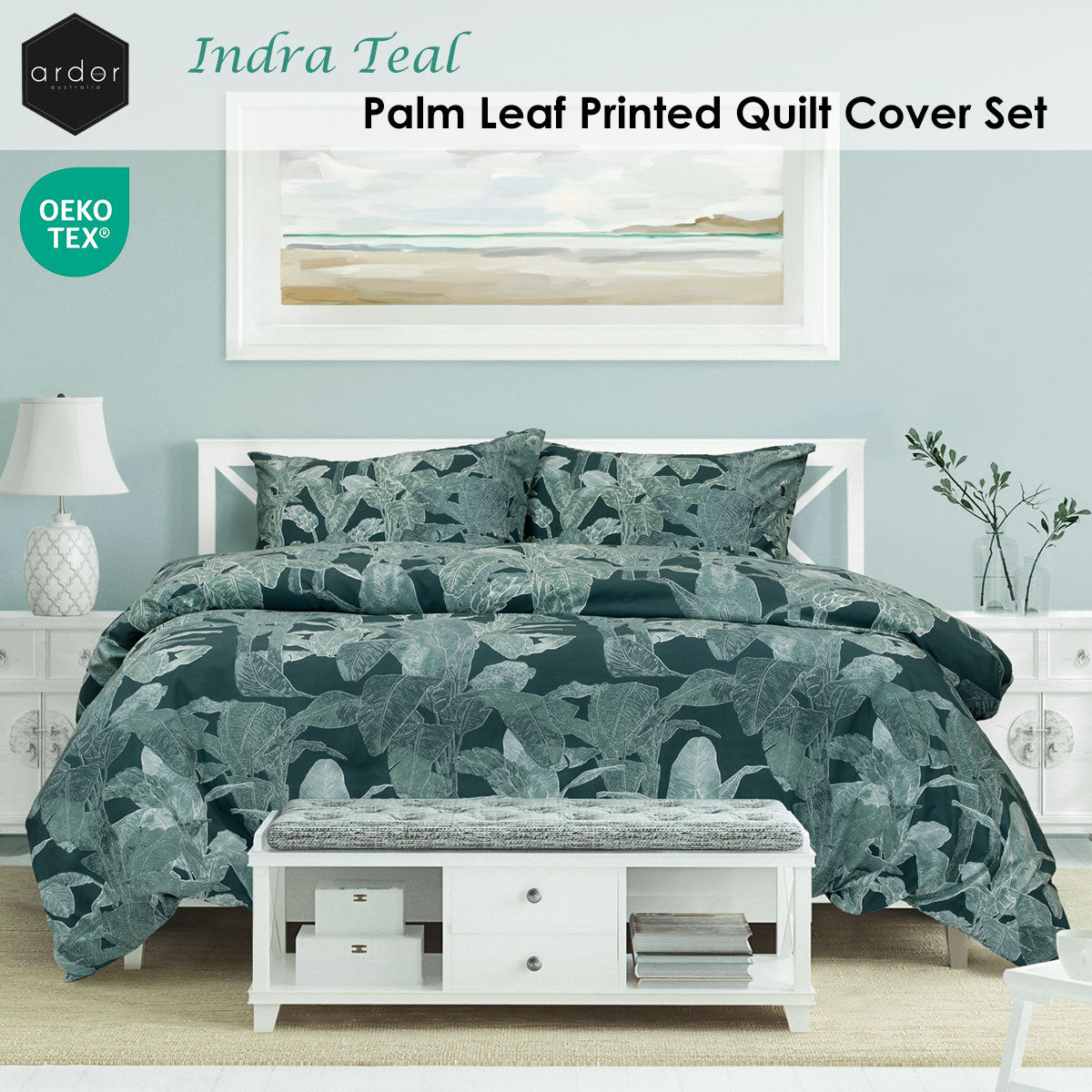 Ardor Indra Teal Palm Leaf Quilt Cover Set – King