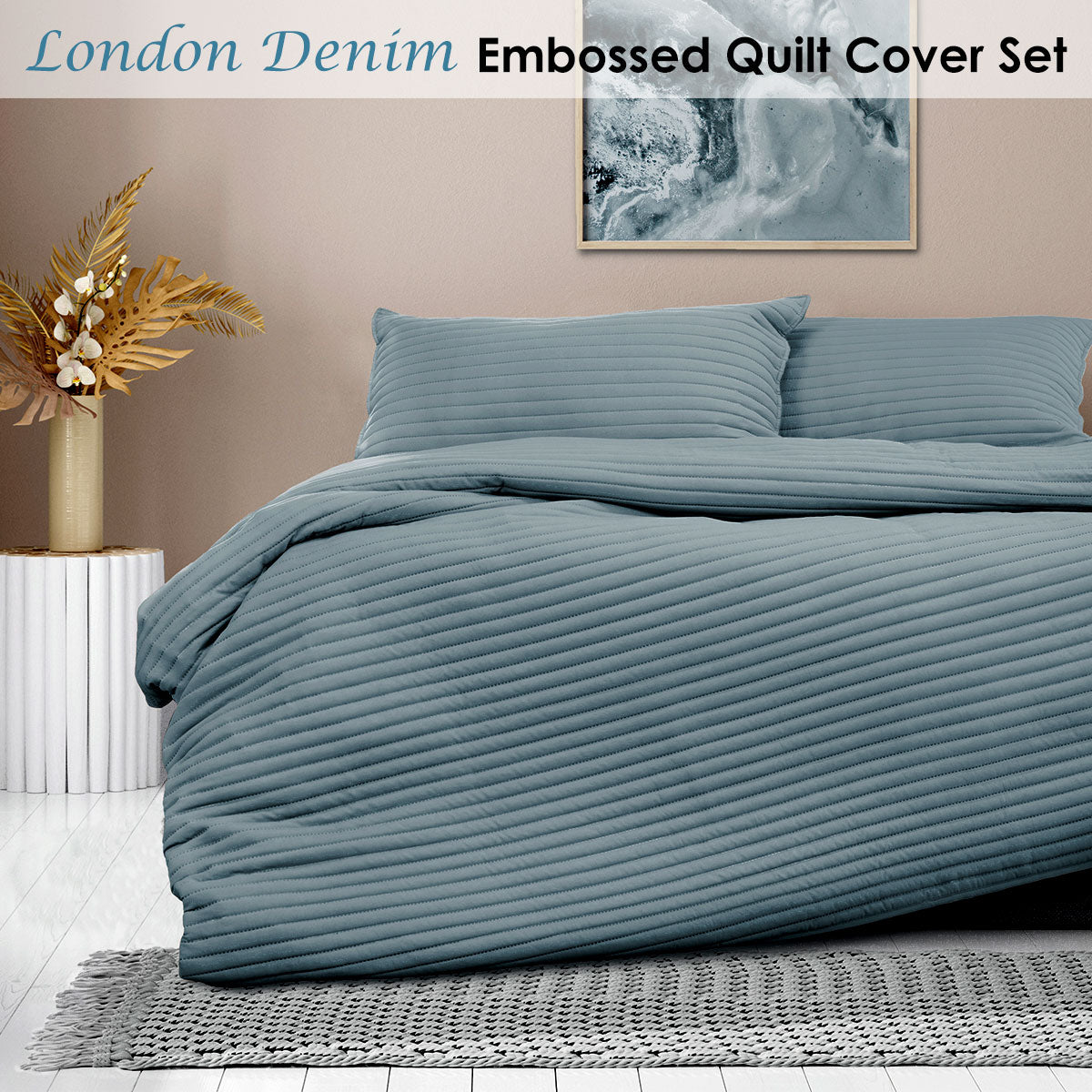 Ardor London Denim Embossed Quilt Cover Set King - Soft Microfiber, Elegant Design - SuperSaverAU - view 2