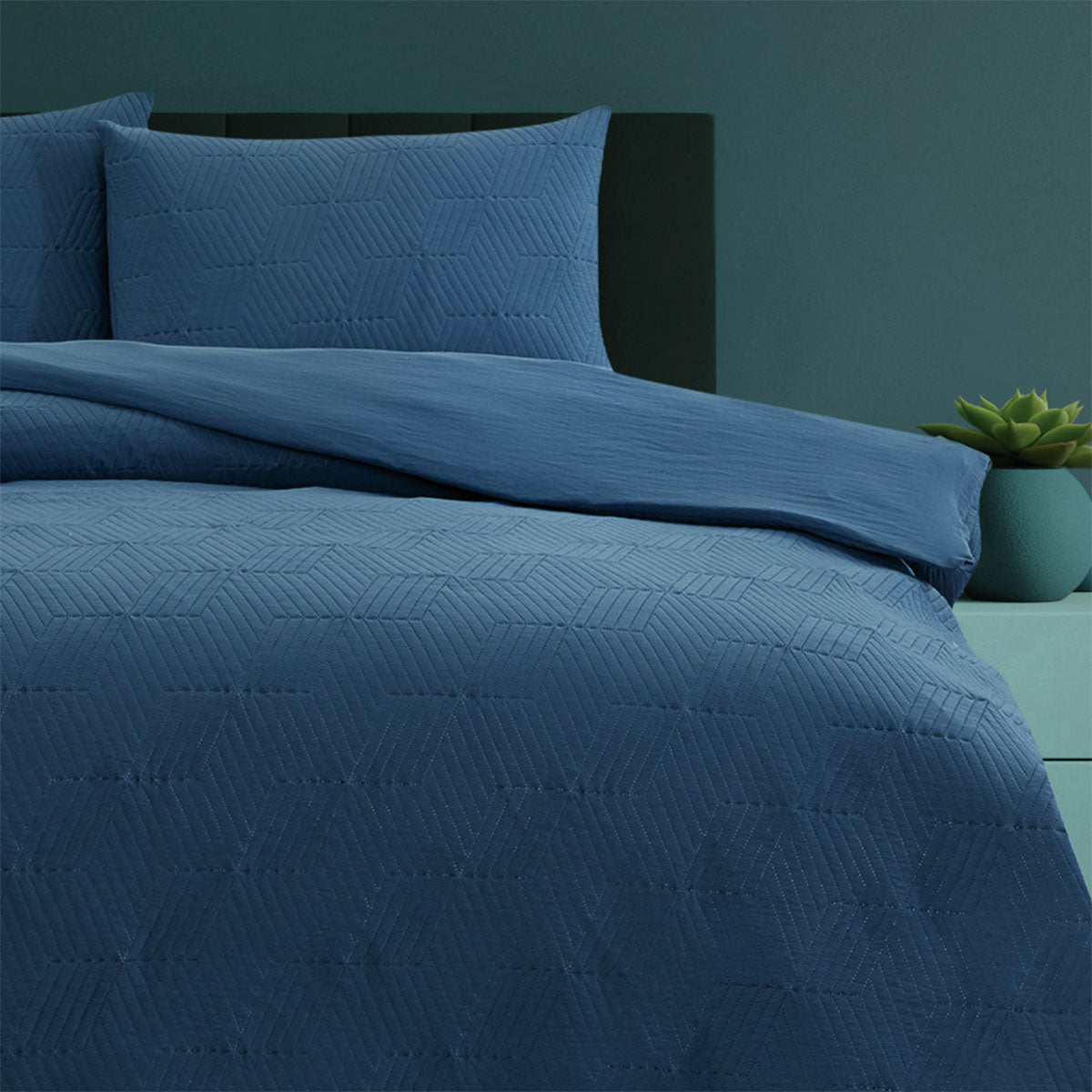 Ardor Maxwell Navy Embossed Vintage Washed Quilt Cover Set King - Diamond Pattern - SuperSaverAU - view 1