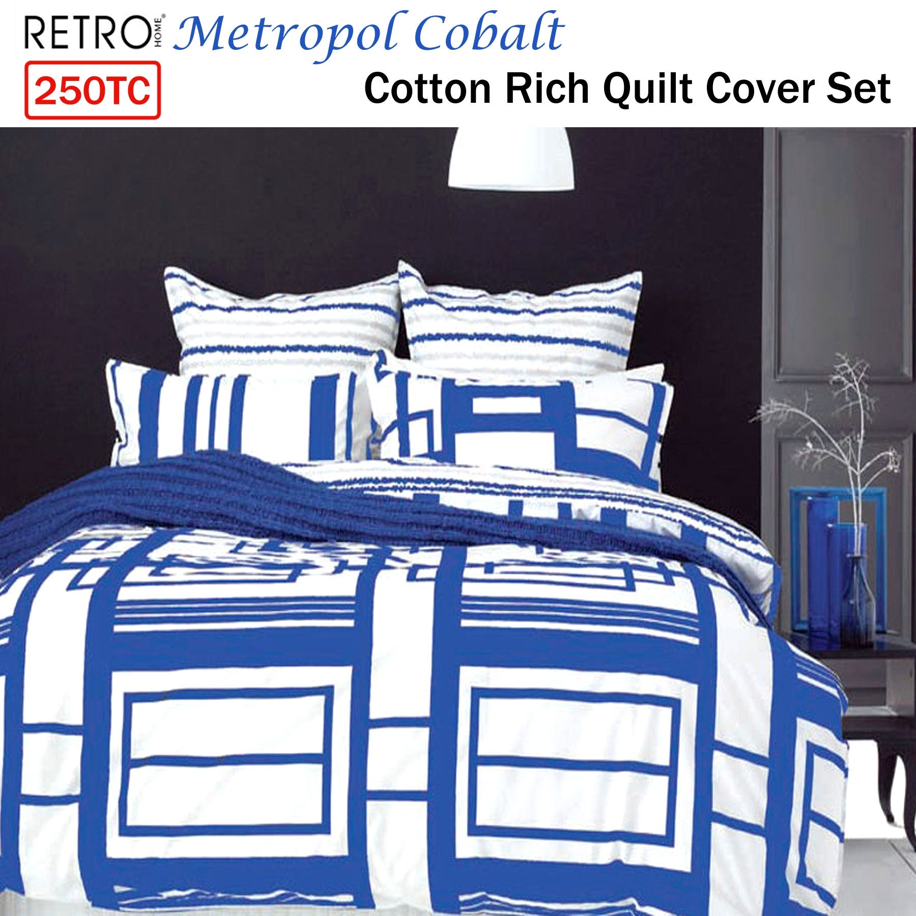 Retro Home Queen Quilt Cover Set - 250TC Cotton Rich, Geometric Print, Blue - SuperSaverAU - view 2