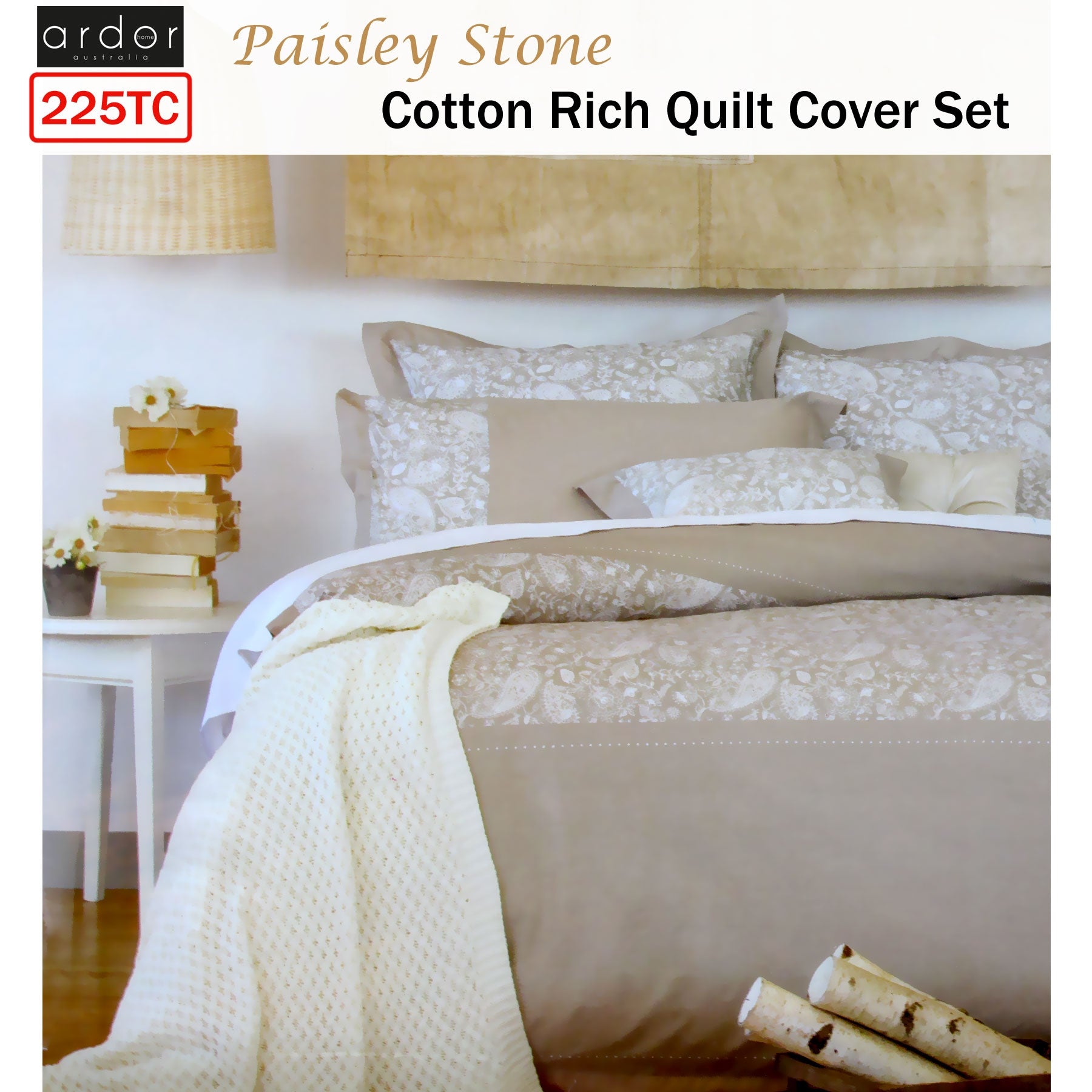 Ardor Queen Quilt Cover Set - 225TC Cotton Rich Paisley Print, Stone - SuperSaverAU - view 2