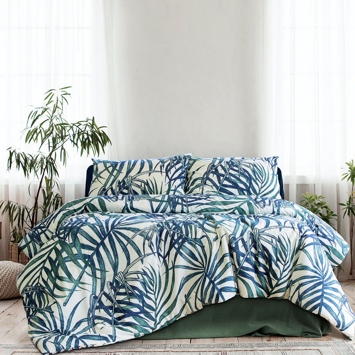 Ardor Paradise Palms Blue Quilt Cover Set King - Polyester Cotton, Palm Leaves Print - SuperSaverAU - view 1