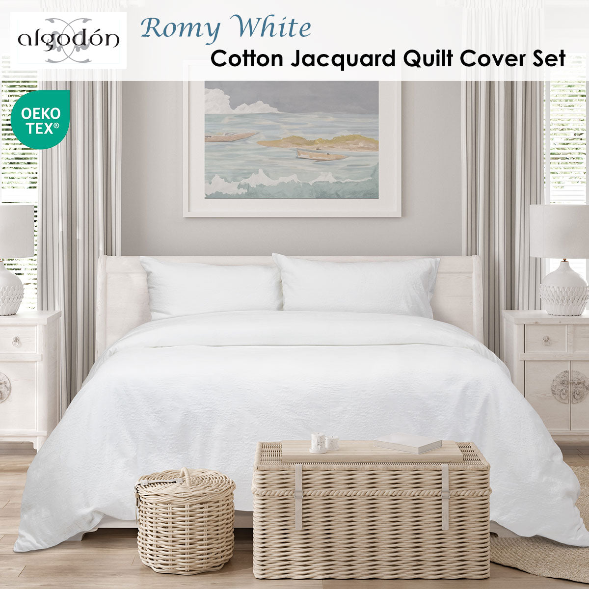 Algodon Romy White Cotton Jacquard Quilt Cover Set – King