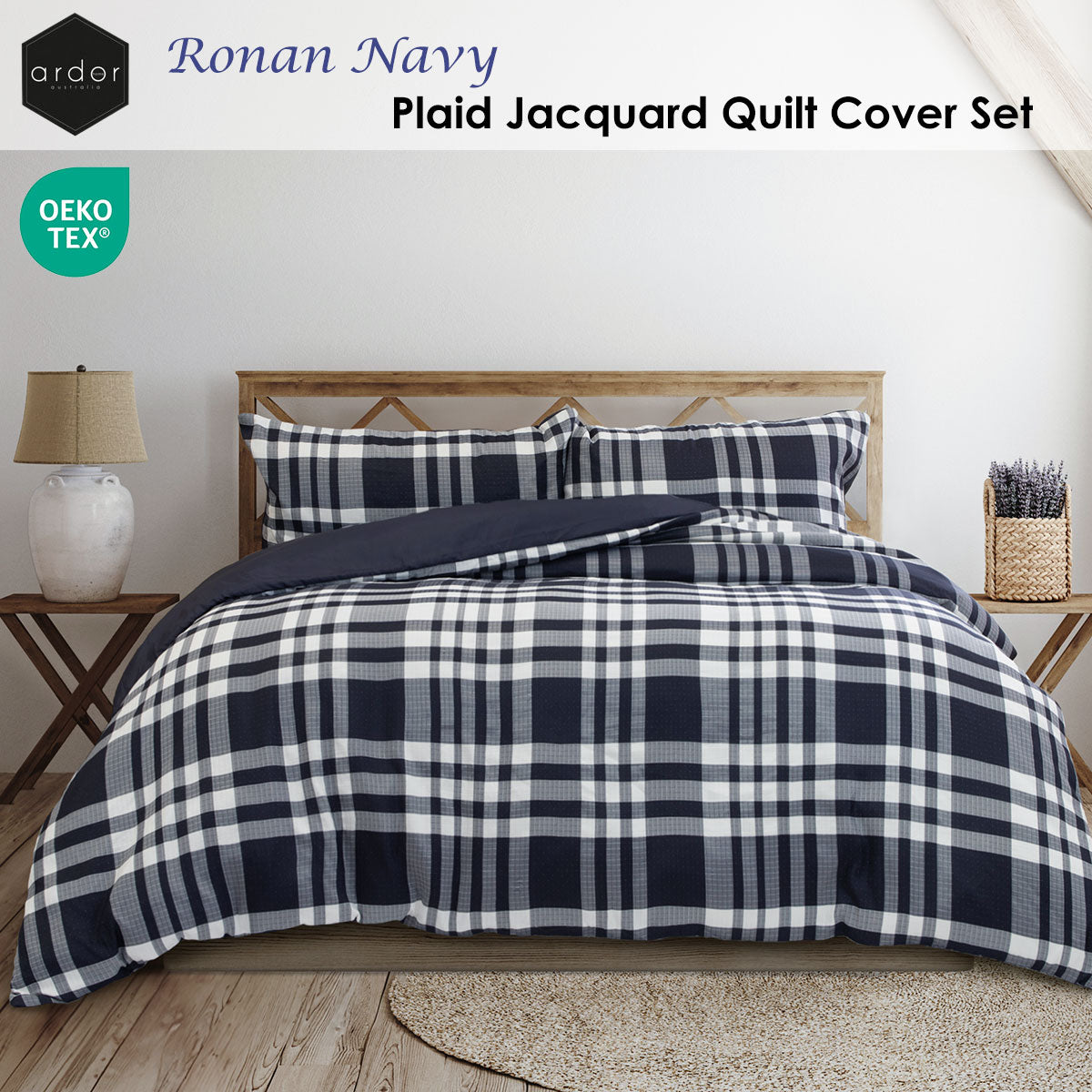 Ardor Ronan Navy Plaid Jacquard Quilt Cover Set – King