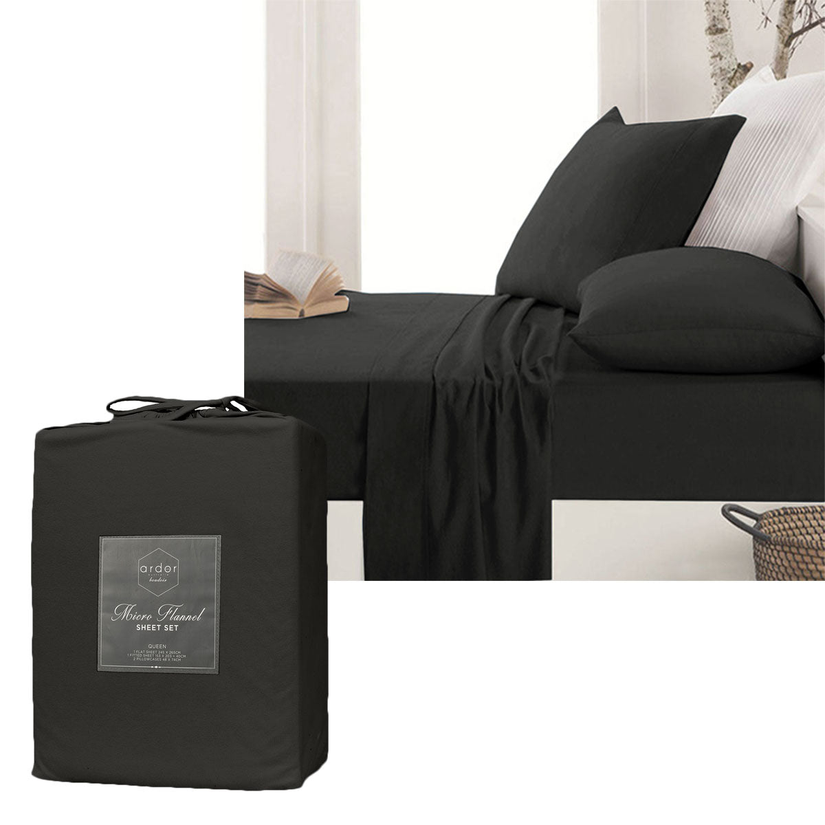 Ardor Micro Flannel Sheet Set Charcoal King - Soft Polyester, Solid Colour Design - SuperSaverAU - view 1