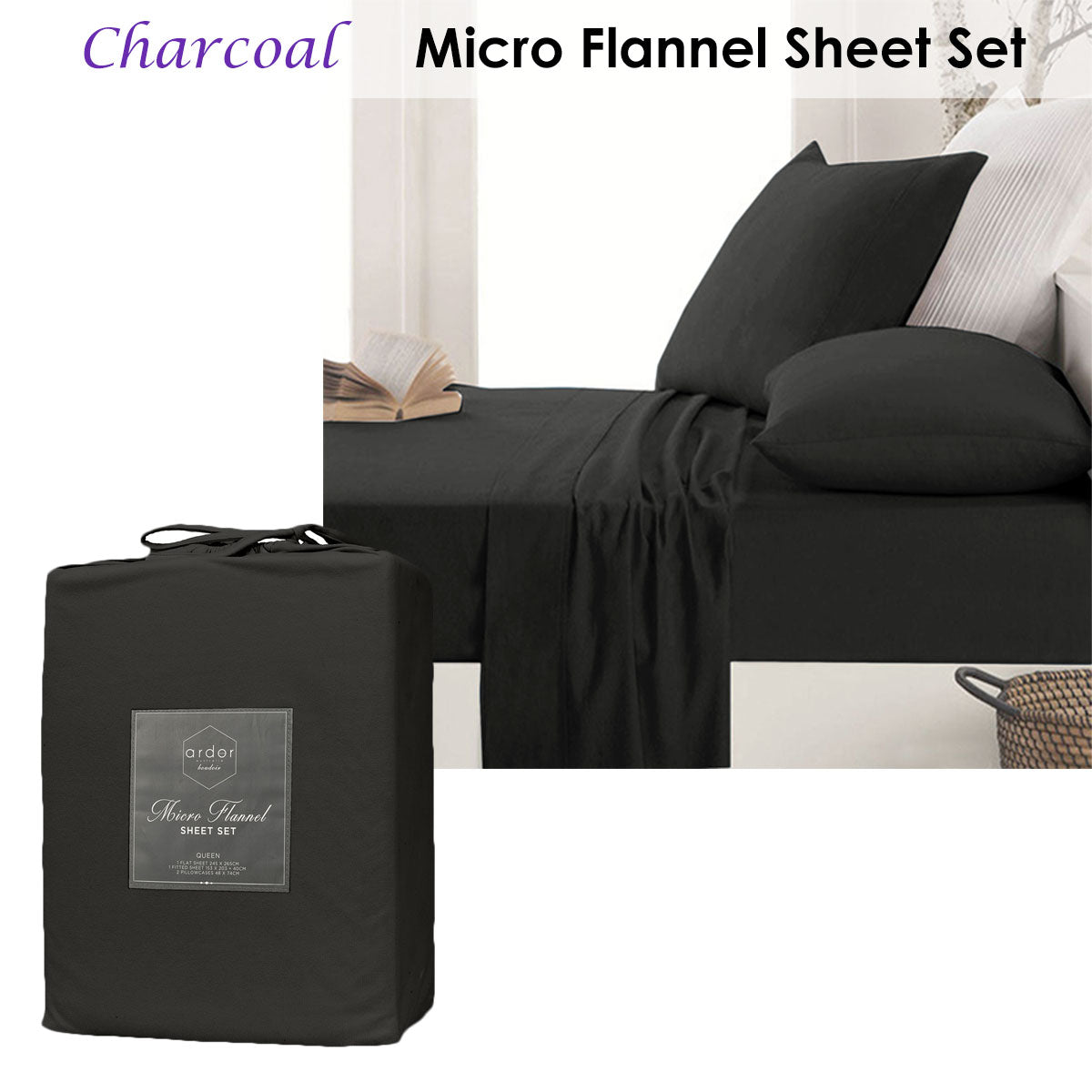 Ardor Micro Flannel Sheet Set Charcoal Mega Queen - Soft Polyester, Solid Colour - SuperSaverAU - view 1