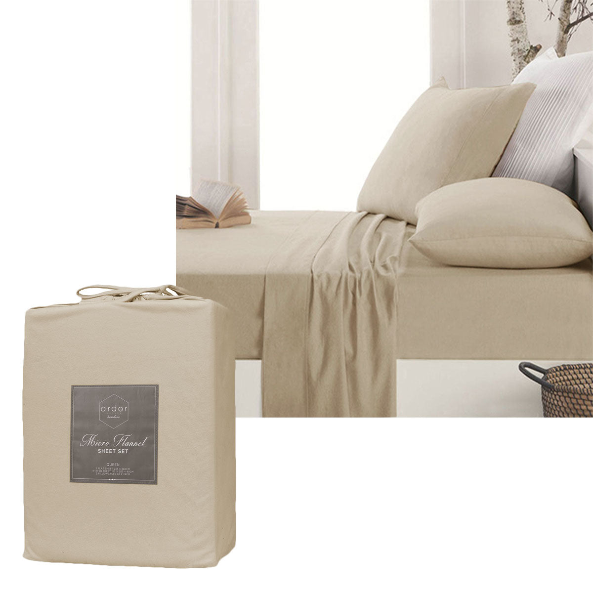 Ardor Micro Flannel Sheet Set Latte Single - Soft Polyester, Solid Colour Design - SuperSaverAU - view 1