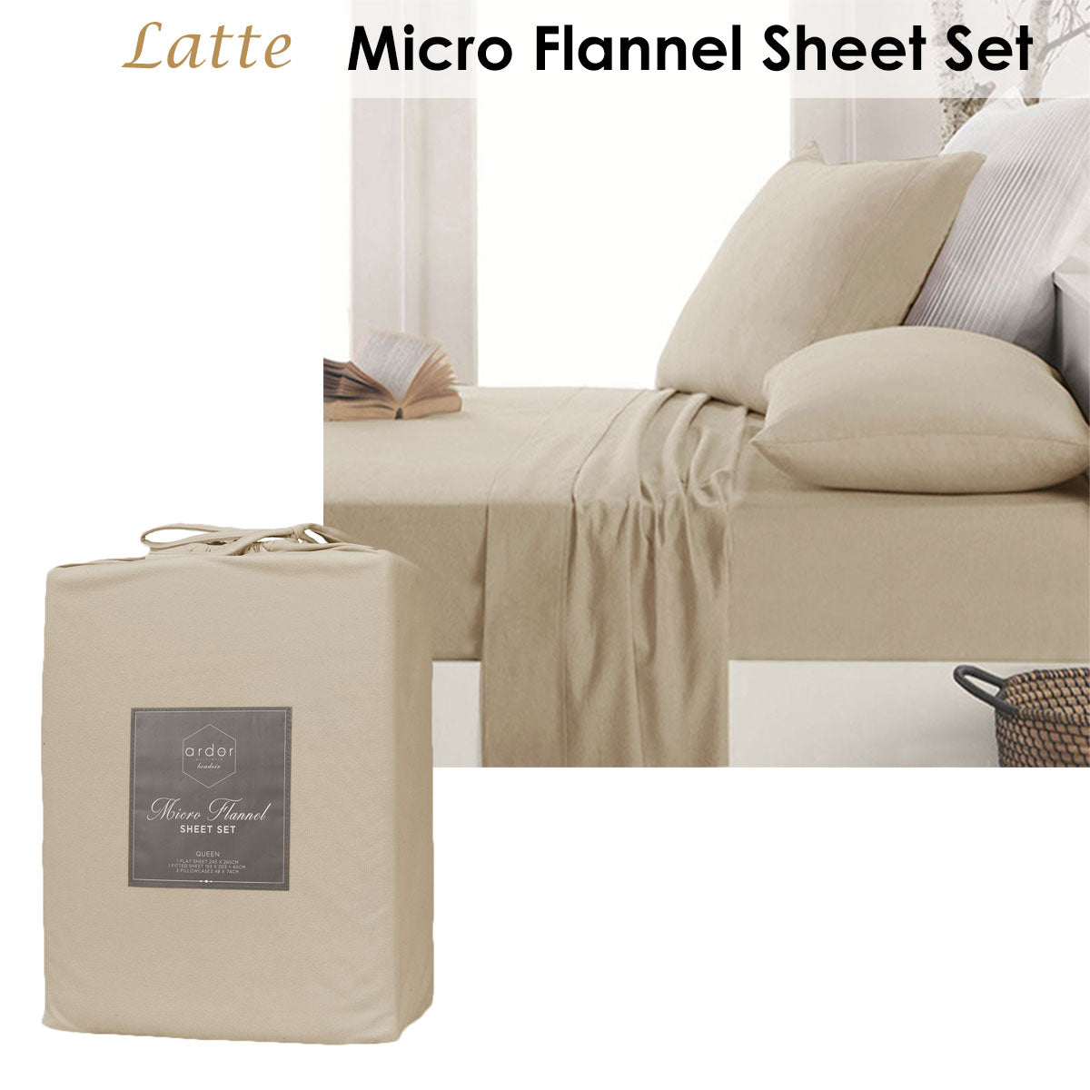 Ardor Micro Flannel Sheet Set Latte Mega King - Soft Polyester, Solid Design - SuperSaverAU - view 2