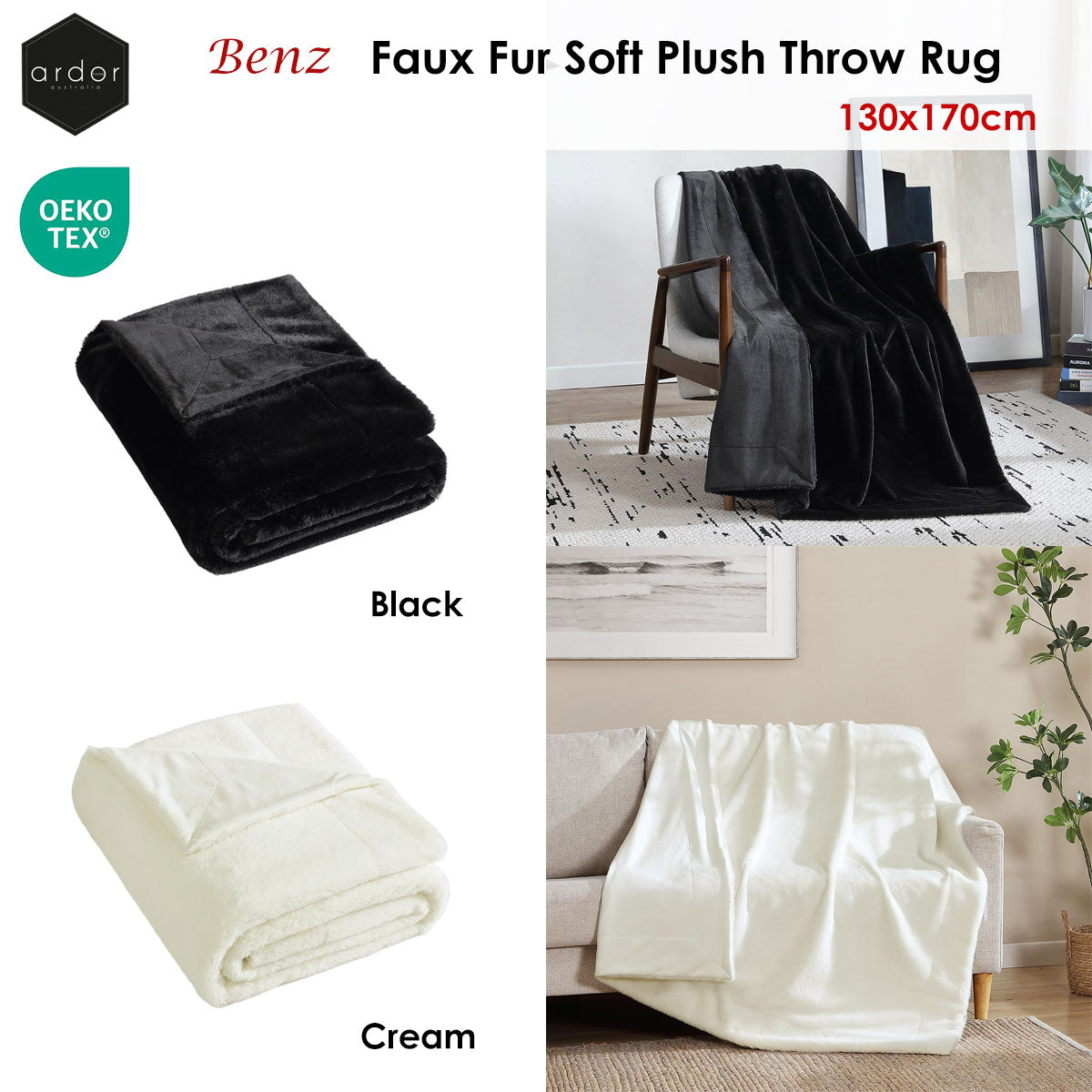 Ardor Benz Faux Fur Throw Rug – Cream Sherpa Reverse 130 x 170cm