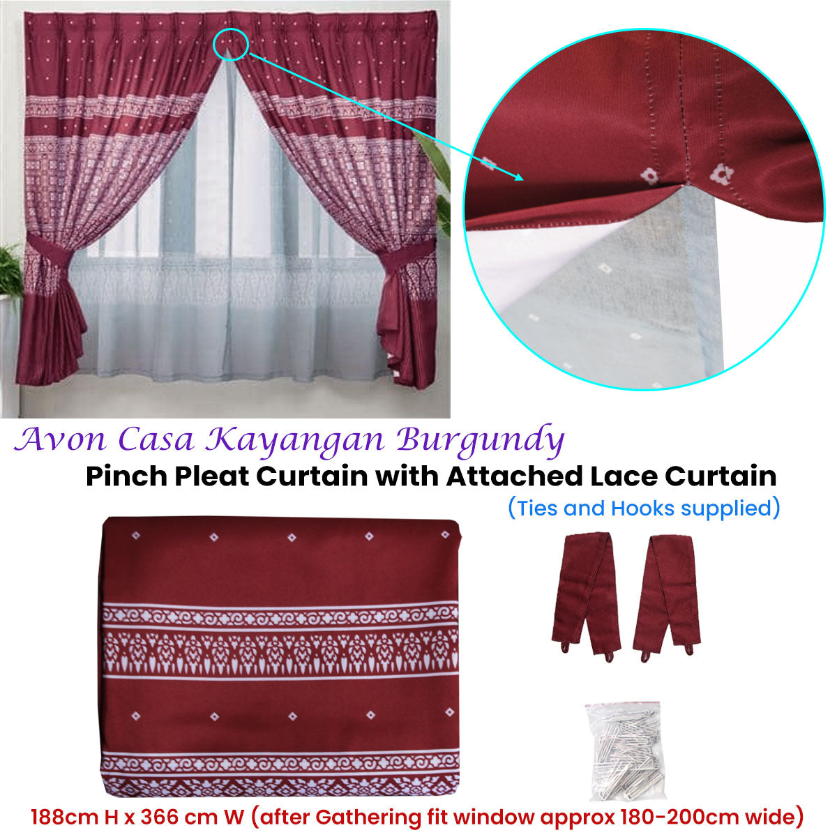 Premium Avon Home Casa Kayangan Pinch Pleat Curtain with Attached Lace - Burgundy