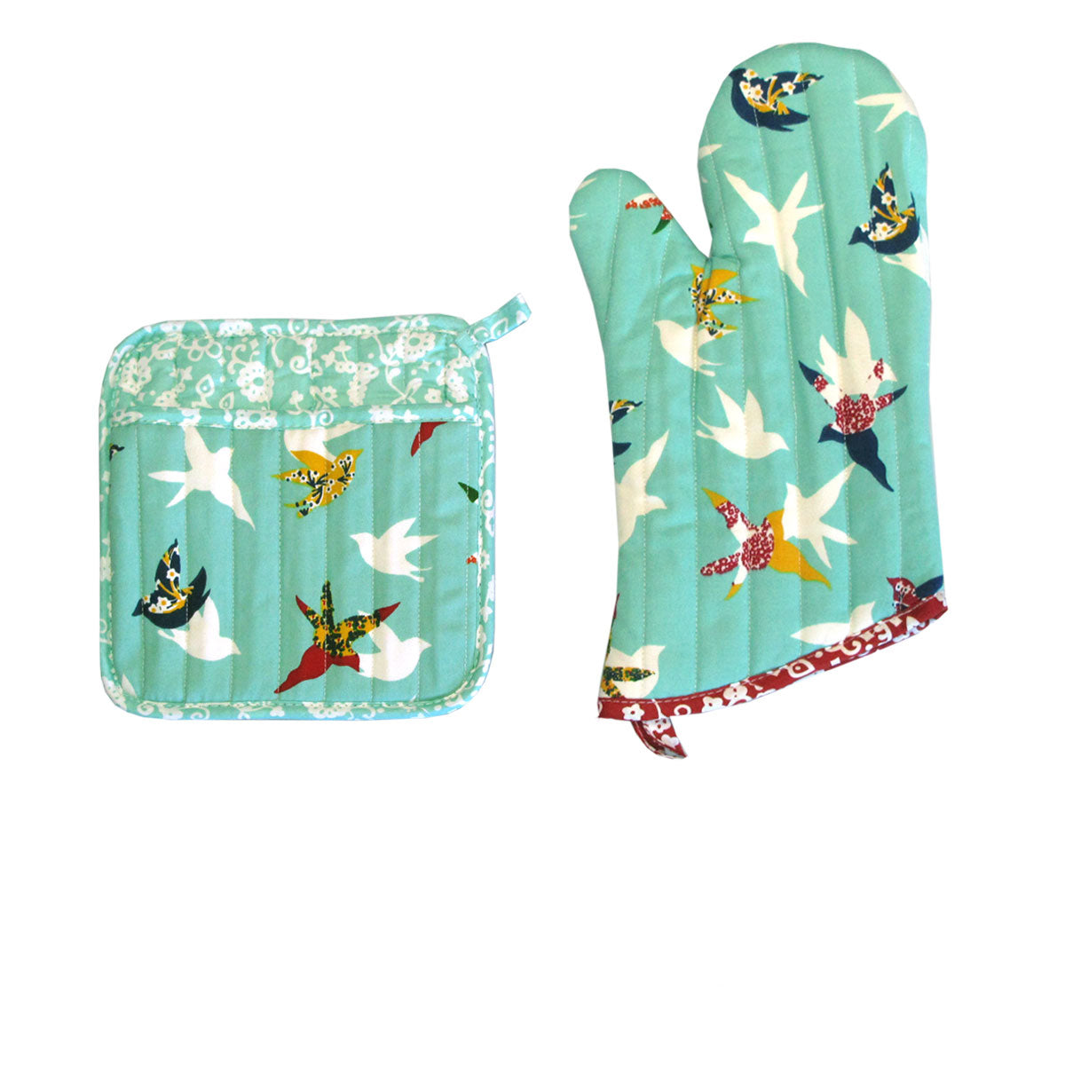 The Entertainer Collection 100% Cotton Printed Oven Mitt + Pot Holder Set 34x15cm Aqua Birds - SuperSaverAU - view 1
