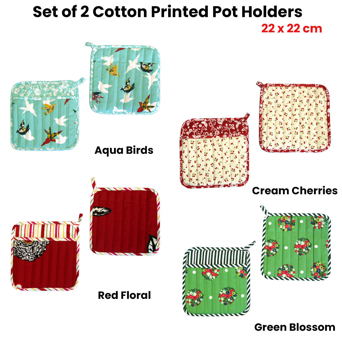 The Entertainer Collection Set of 2 100% Cotton Printed Pot Holders 22 x 22 cm Green Blossom - SuperSaverAU - view 2