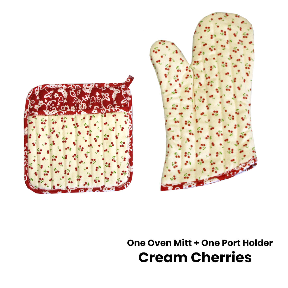 The Entertainer 100% Cotton Printed Oven Mitt + Pot Holder Set 34x15cm Cream Cherries - SuperSaverAU - view 1