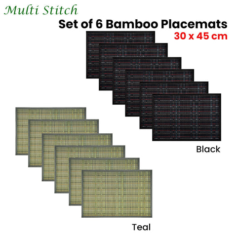 Set of 6 Multi Stitch Bamboo Table Placemats 30 x 45cm - Non-Skid Backing, Woven Design - SuperSaverAU - view 1