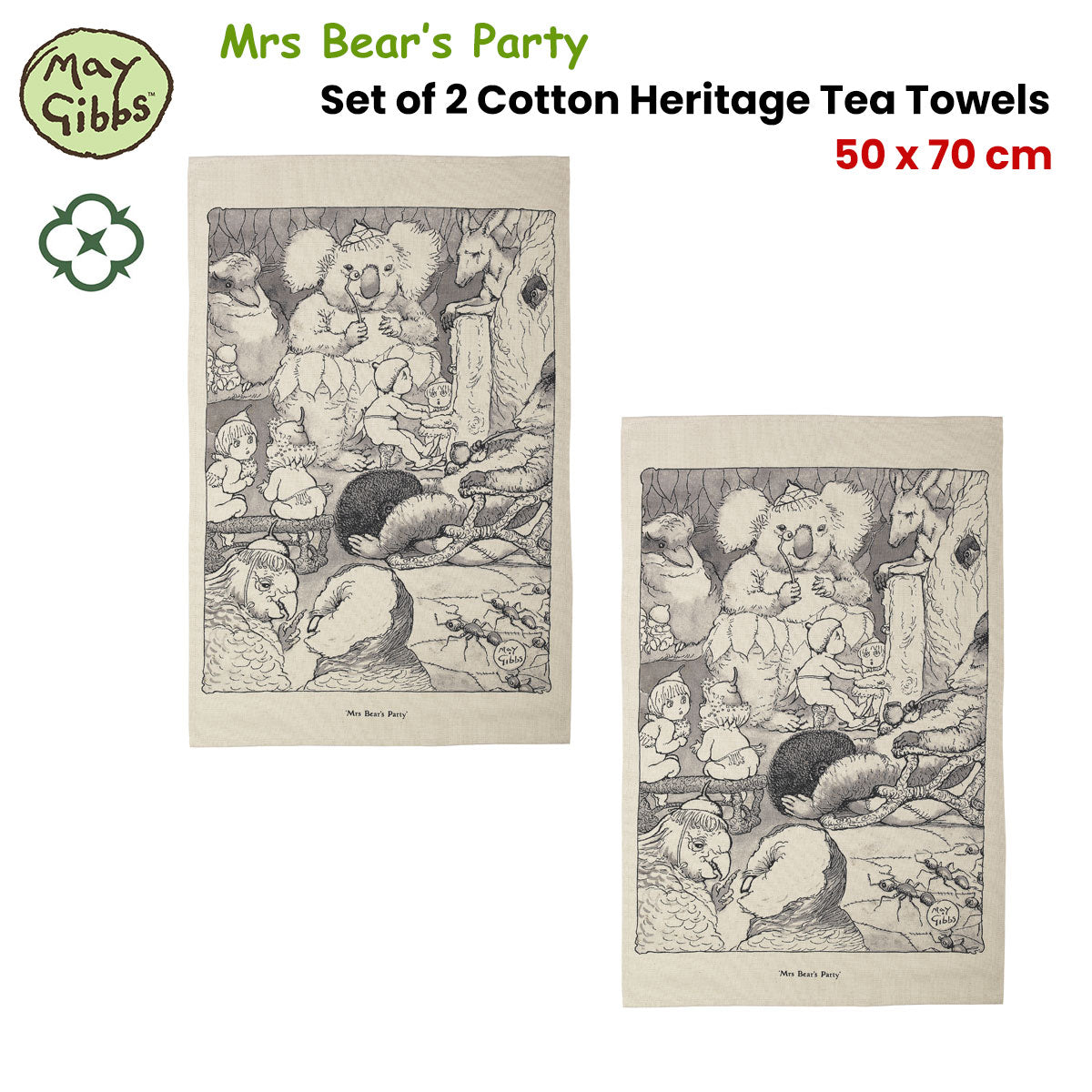 May Gibbs Set of 2 Mrs Bear's Party Cotton Tea Towels 50 x 70 cm - SuperSaverAU - view 2