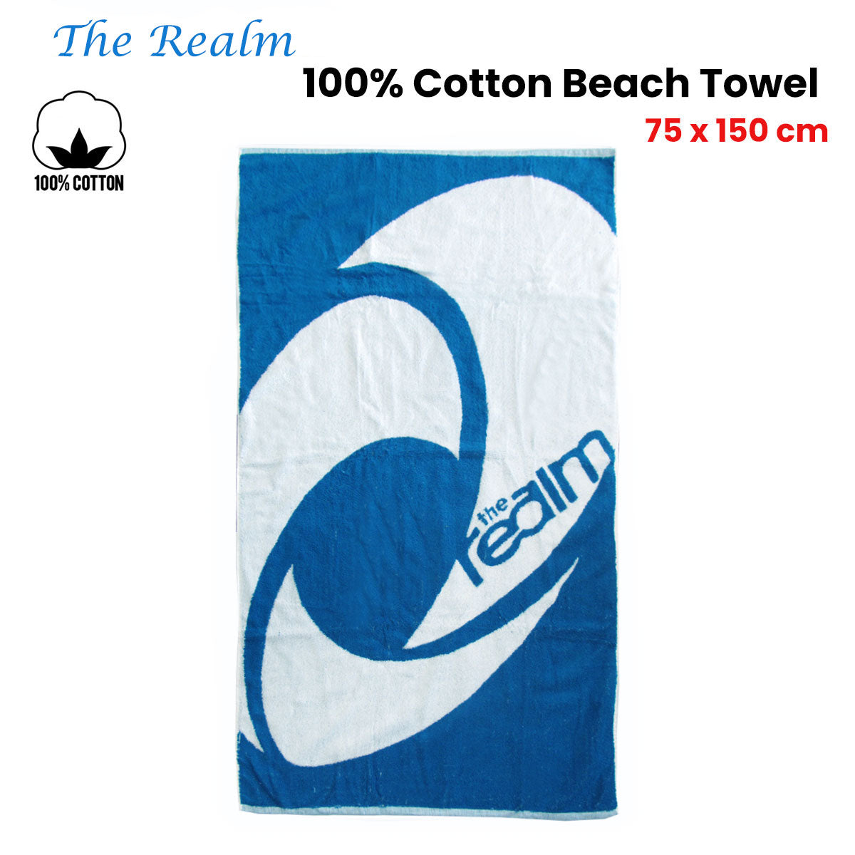 The Realm Cotton Beach Towel with Wave Print - Blue, 75 x 150cm