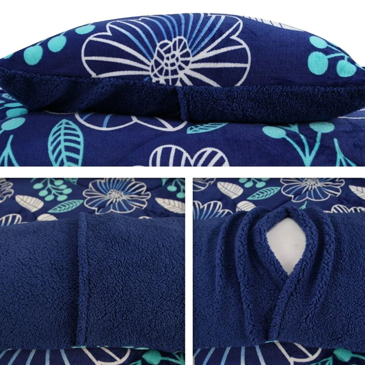 Ramesses Blue Flower Printed Sherpa Flannel Fleece Reversible Blanket Set Queen/King - SuperSaverAU - view 3