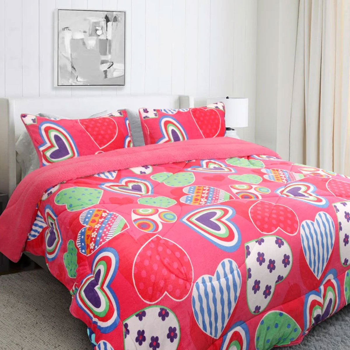 Ramesses Pink Heart Printed Sherpa Flannel Fleece Reversible Blanket Set Single/Double - SuperSaverAU - view 1