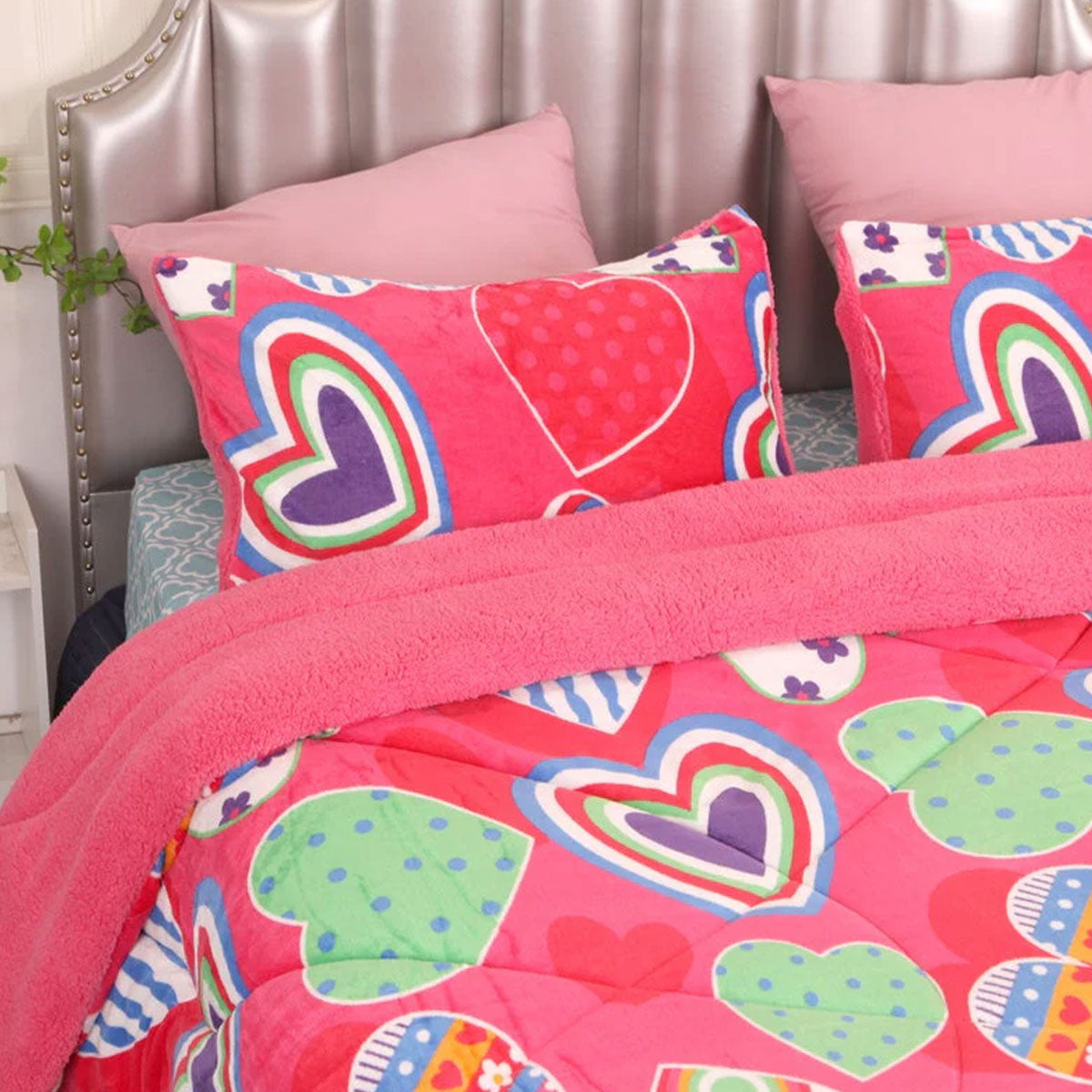 Ramesses Pink Heart Printed Sherpa Flannel Fleece Reversible Blanket Set Single/Double - SuperSaverAU - view 3