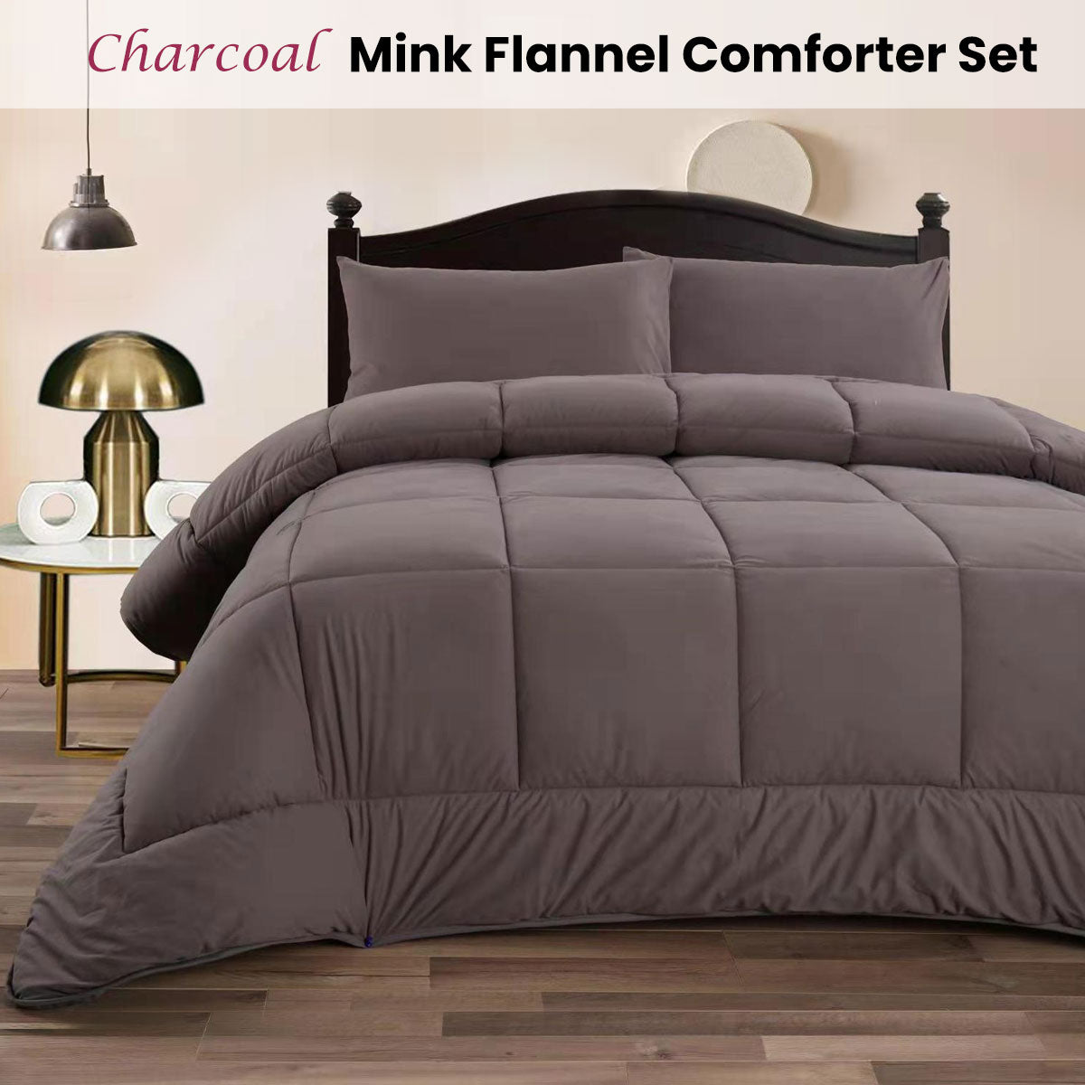 Ramesses Charcoal Mink Flannel Comforter Set - Queen