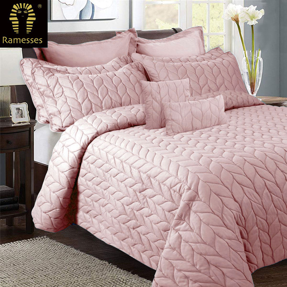 Ramesses 9 Piece Ultrasonic Comforter Set King Rose Pink - Quilted Design, Soft Polyester - SuperSaverAU - view 1