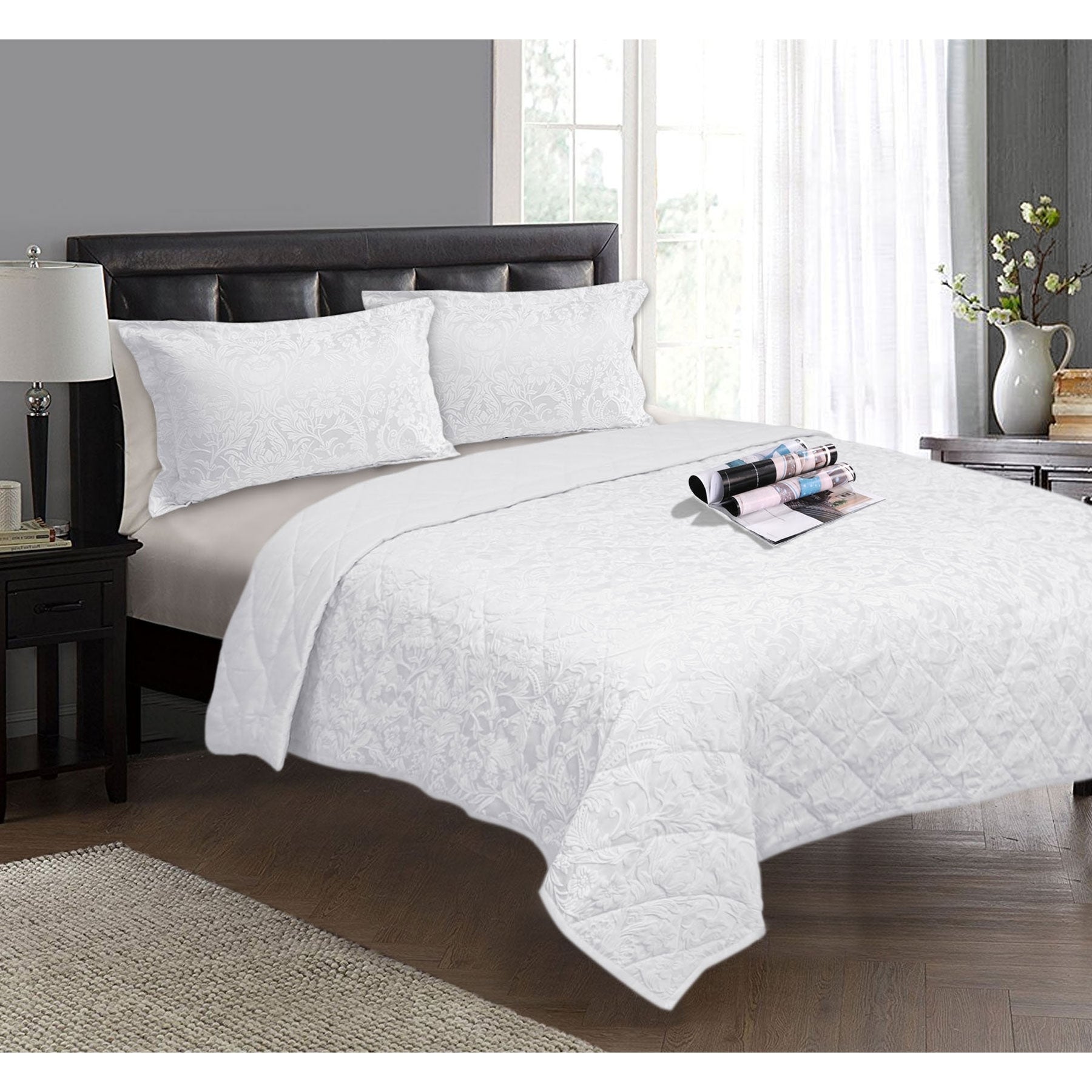 Ramesses 3 Piece Jacquard Floral Comforter Set Queen White, Quilted, Breathable - SuperSaverAU - view 1