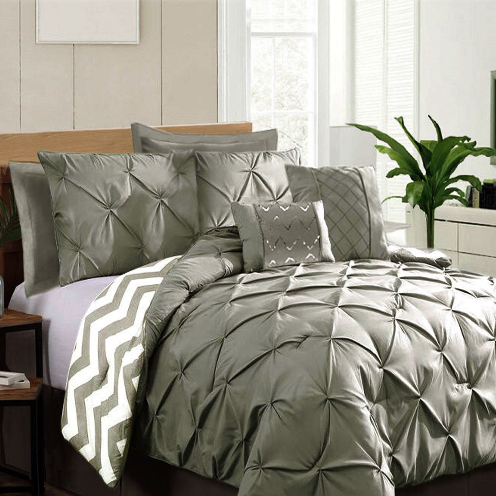 Ramesses 7 Piece Pinch Pleat Comforter Set Grey King - Diamond Pleated Design - SuperSaverAU - view 1