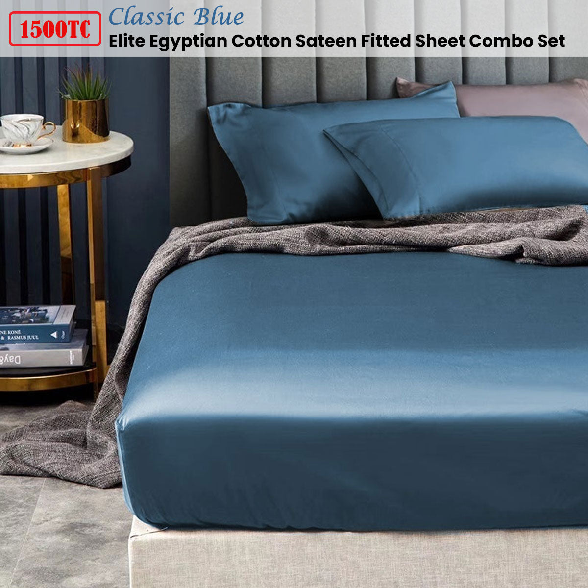 Ramesses 1500TC Egyptian Cotton Sateen Fitted Sheet Combo Set - Classic Blue Double
