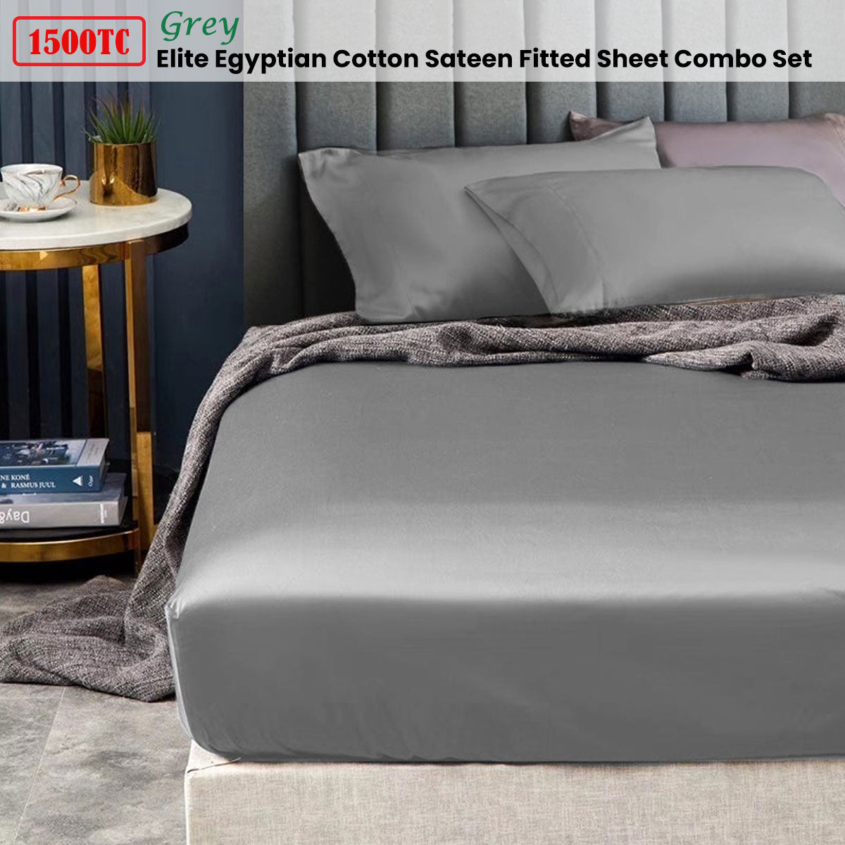Ramesses 1500TC Egyptian Cotton Sateen Fitted Sheet Combo Set - Grey King Single