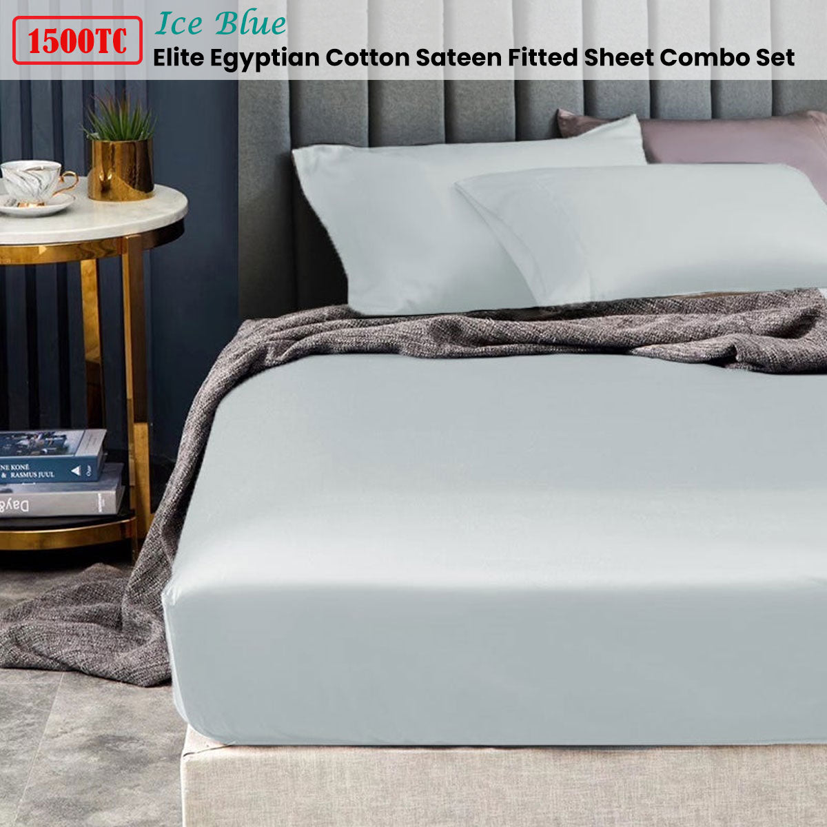 Ramesses 1500TC Elite Egyptian Cotton Sateen Fitted Sheet Combo Set Ice Blue Single - SuperSaverAU - view 2