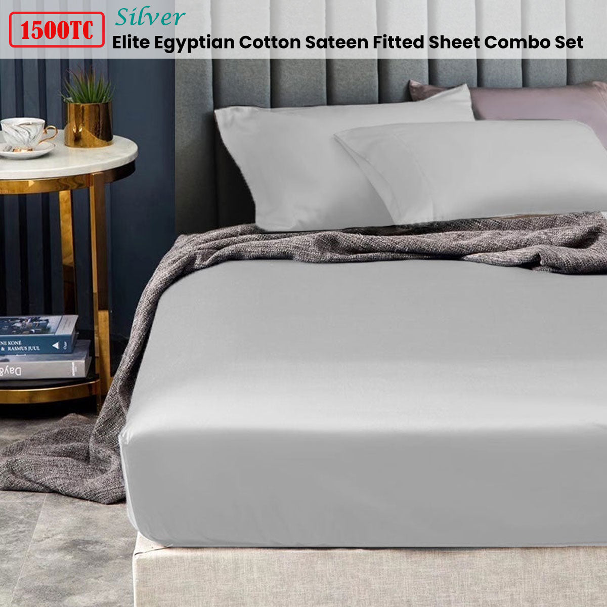 Ramesses 1500TC Egyptian Cotton Sateen Fitted Sheet Combo Set - Silver Single