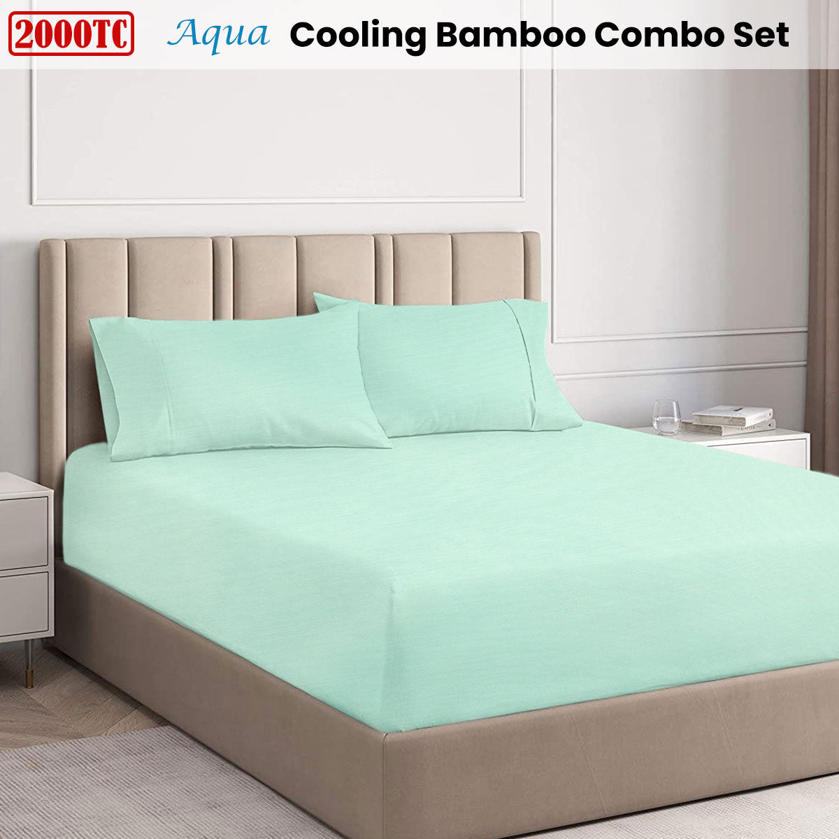 Ramesses Cooling Bamboo Fitted Sheet & Pillowcase Set 2000TC - Aqua, Single