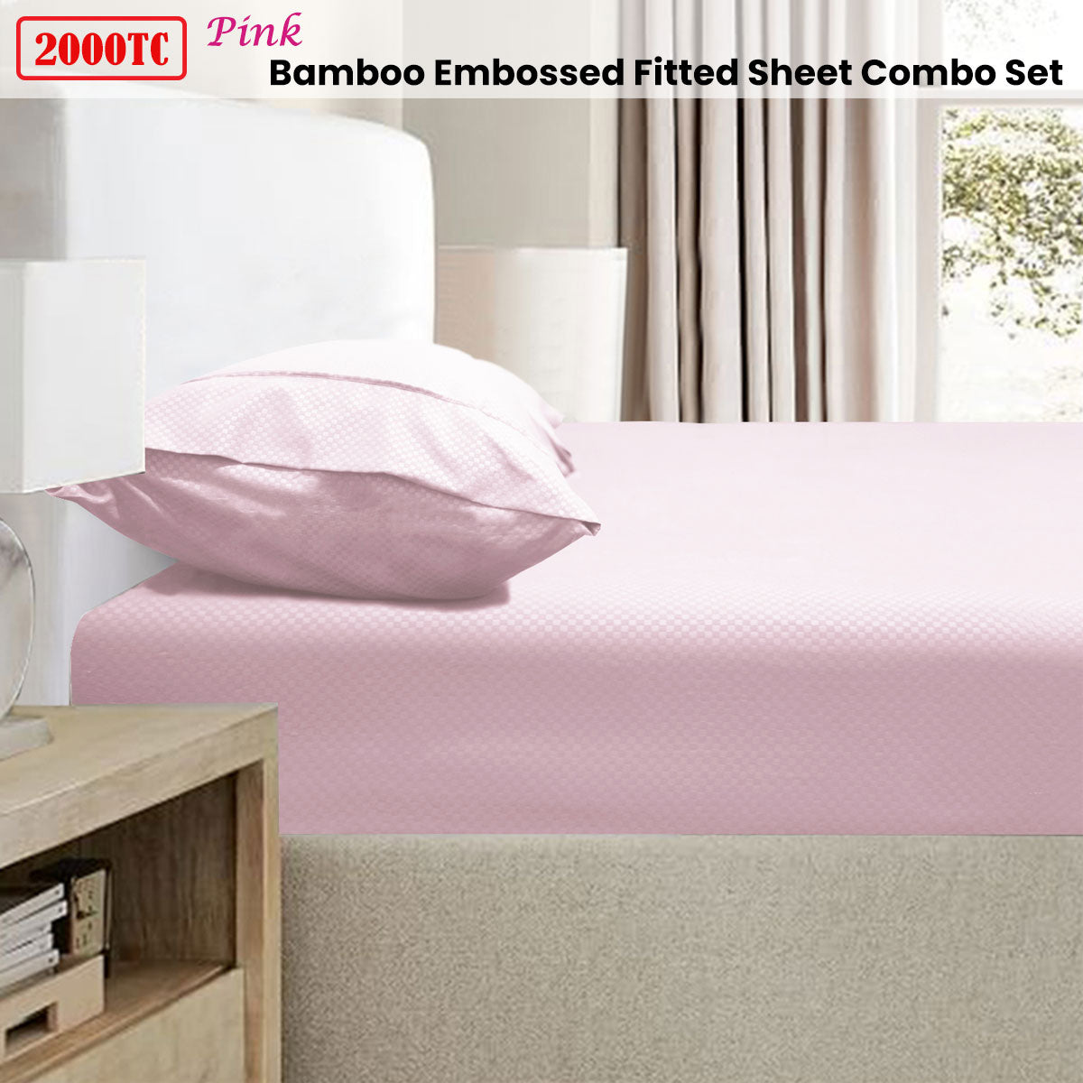 Ramesses 2000TC Bamboo Blend Embossed Fitted Sheet Combo Set Pink King Single - SuperSaverAU - view 2