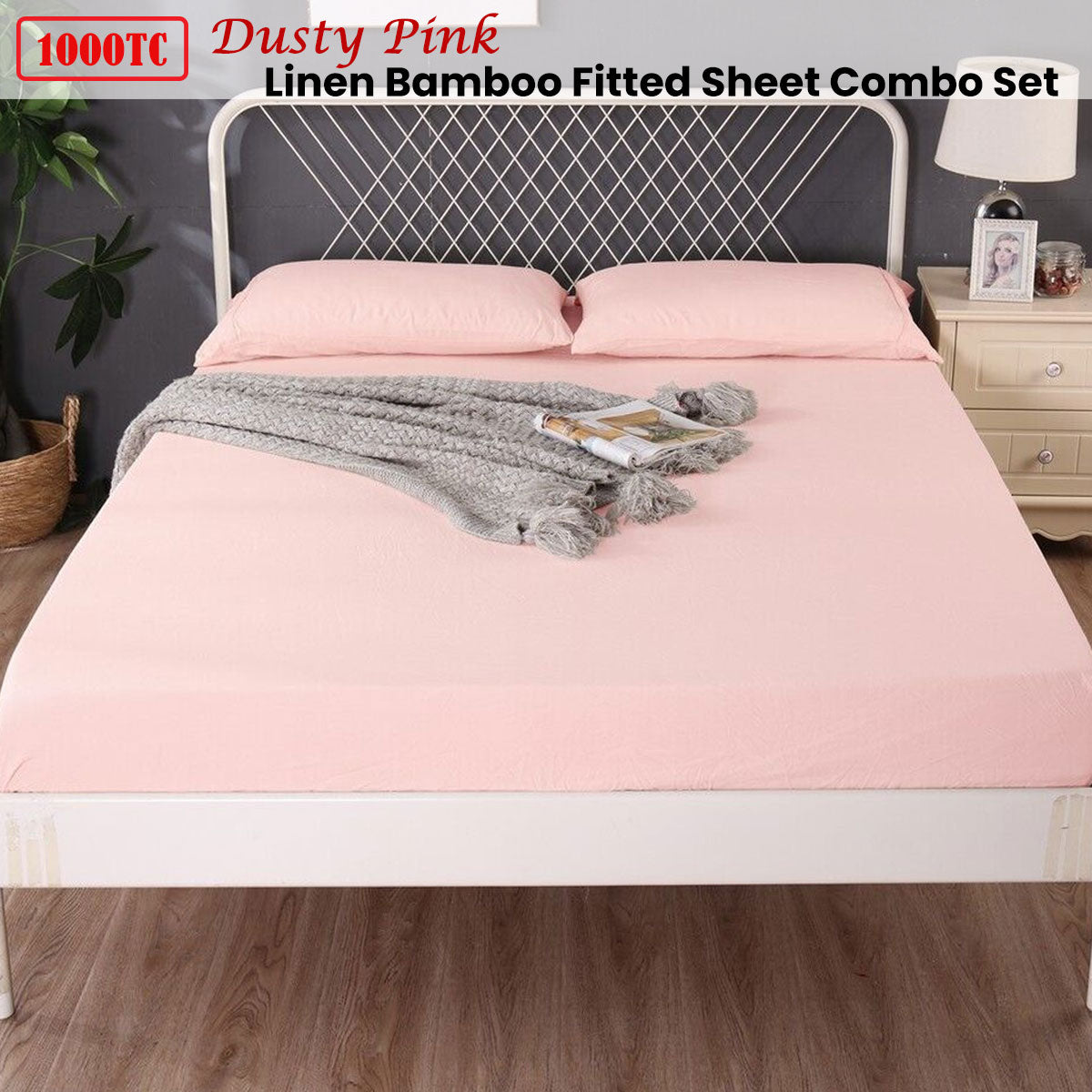 Ramesses 1000TC Bamboo Linen Blend Fitted Sheet Combo Set Dusty Pink Single - SuperSaverAU - view 2