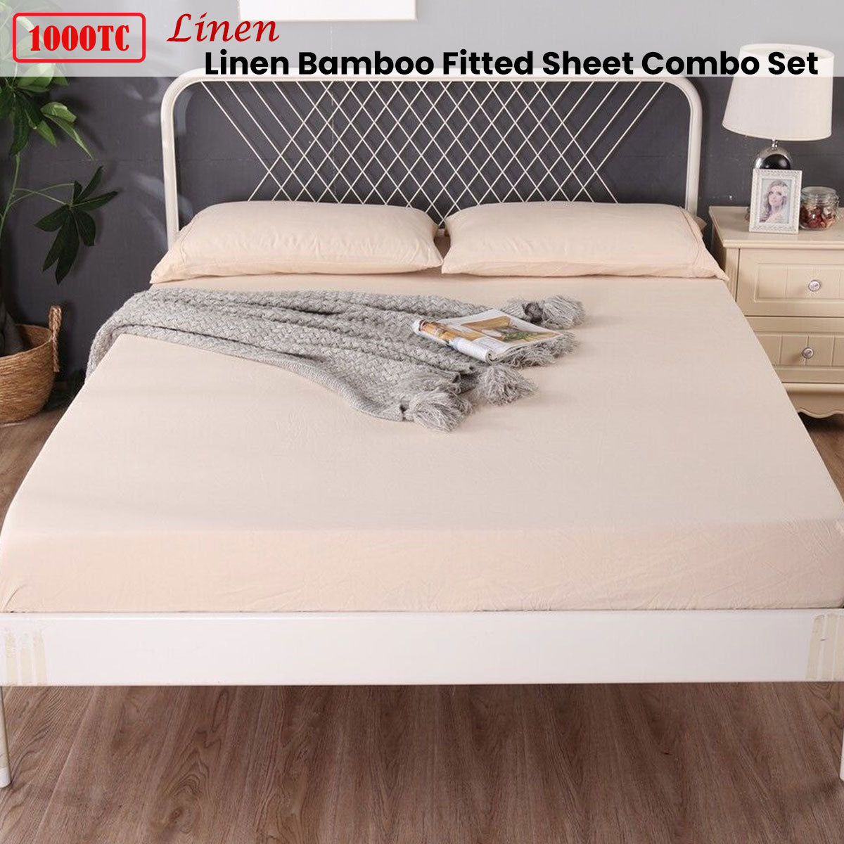 Ramesses 1000TC Linen Bamboo Fitted Sheet Combo Set - Linen Queen