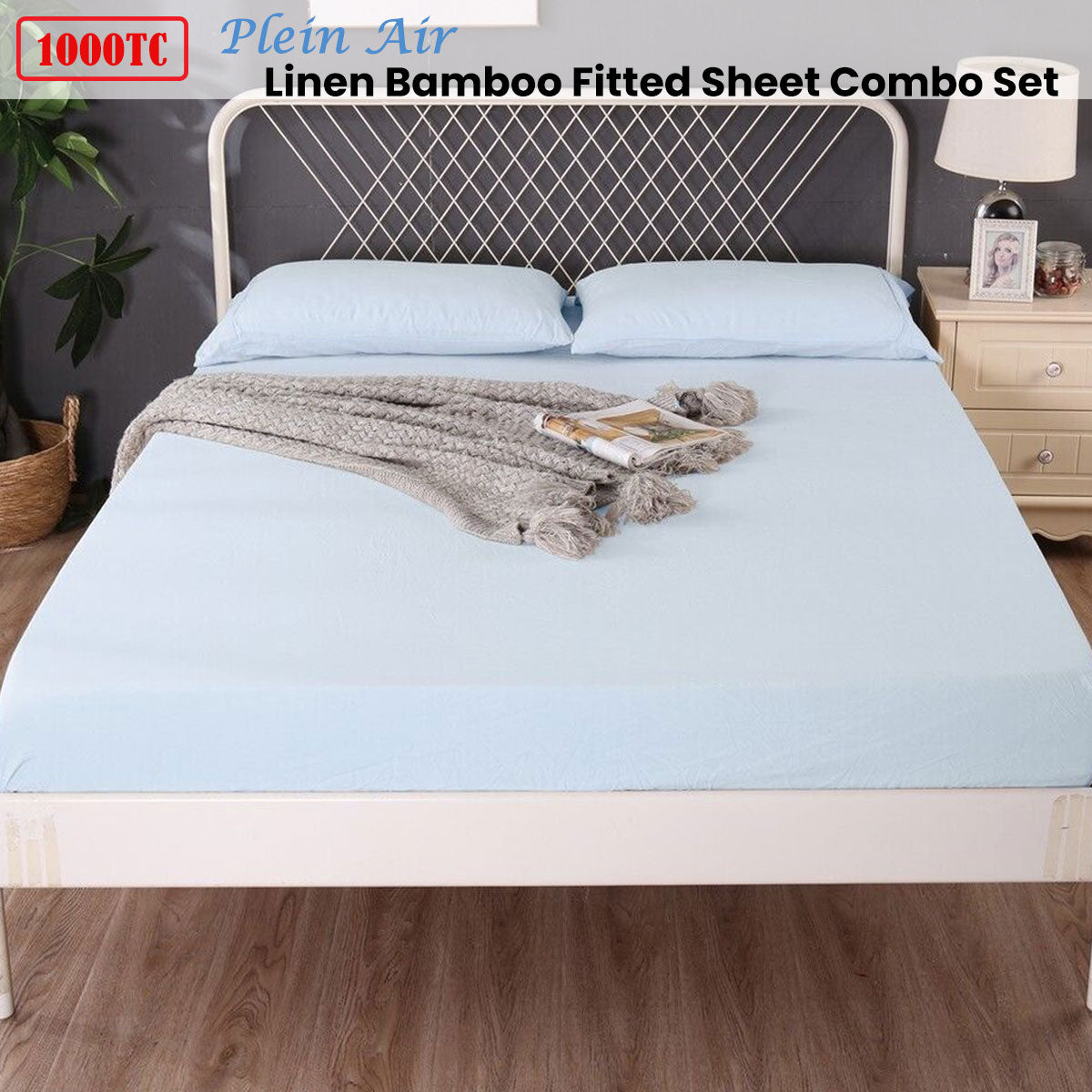 Ramesses 1000TC Bamboo Linen Blend Fitted Sheet Combo Set - Double - SuperSaverAU - view 1