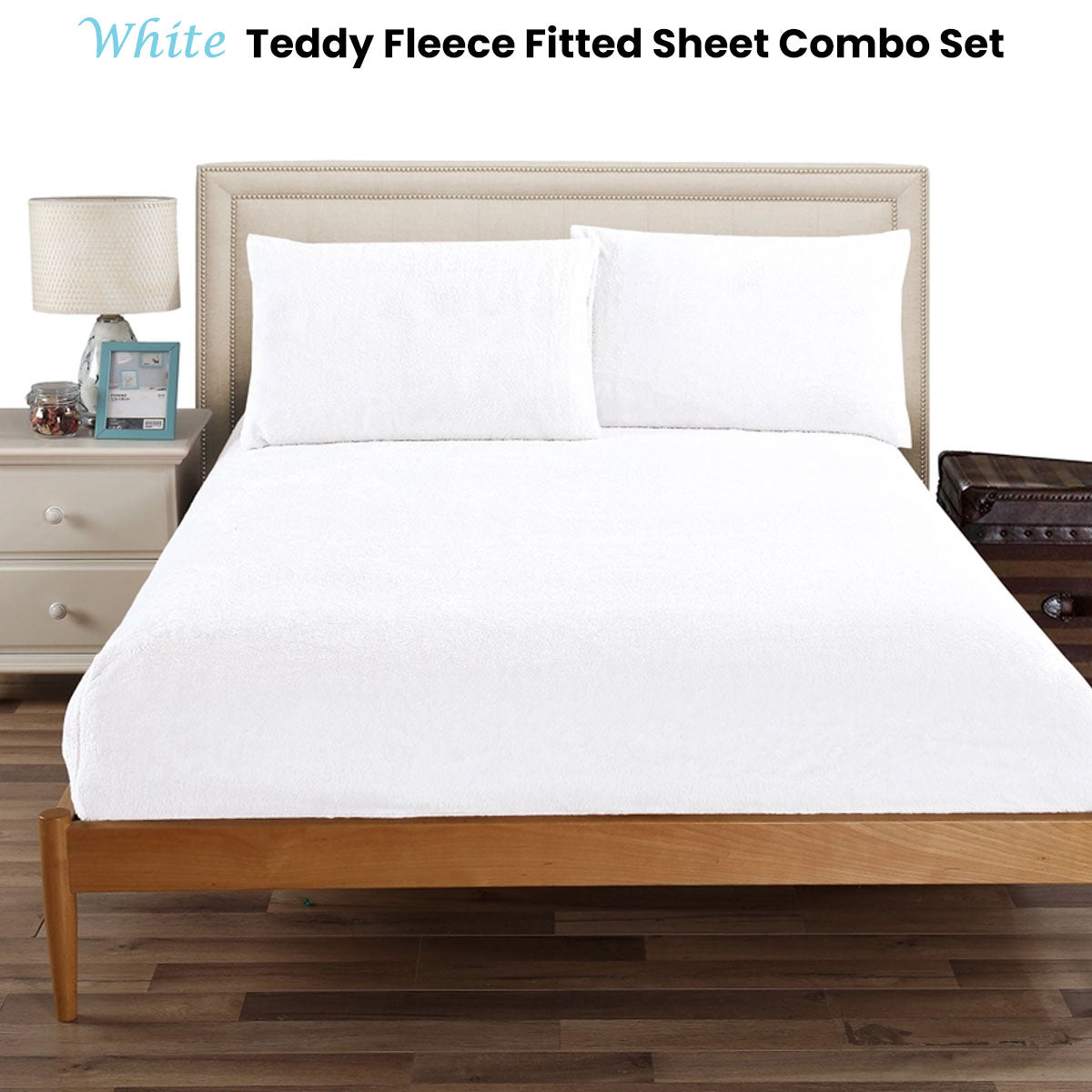 Ramesses Teddy Fleece Fitted Sheet Combo Set White Double - Soft, Easy Care - SuperSaverAU - view 1